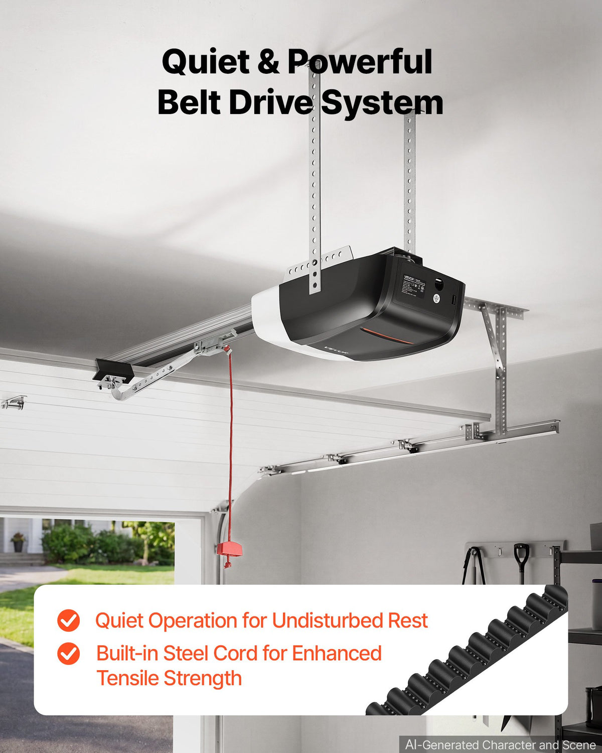 VEVOR Garage Door Opener 1000N Pulling Force Ultra-Quiet Belt Drive Opener, for Residential Garage, Includes Durable 4-Section Rail, 2 Remotes & LED Lighting, One-Touch In-Car Control, Black & White