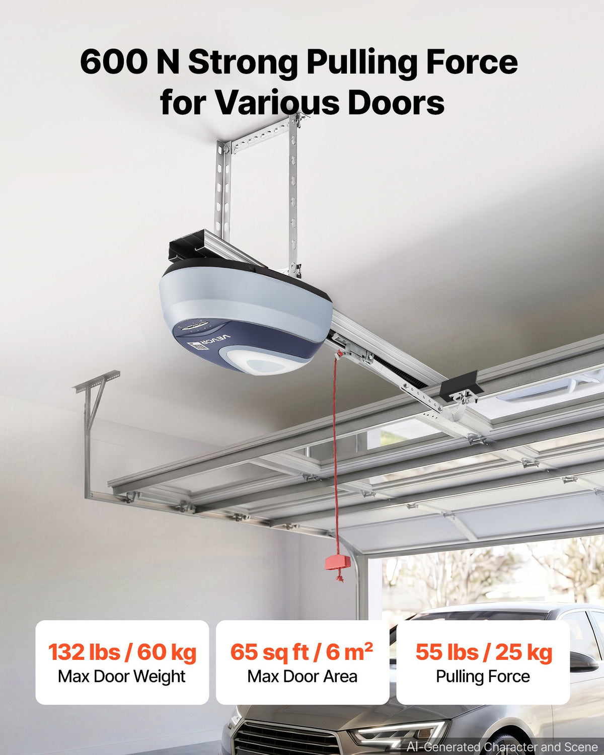 VEVOR Garage Door Opener 600N Pulling Force Ultra-Quiet Belt Drive Opener, for Residential Garage, Includes Durable 4-Section Rail System, 2 Remotes and Bright LED Lighting, One-Touch In-Car Control