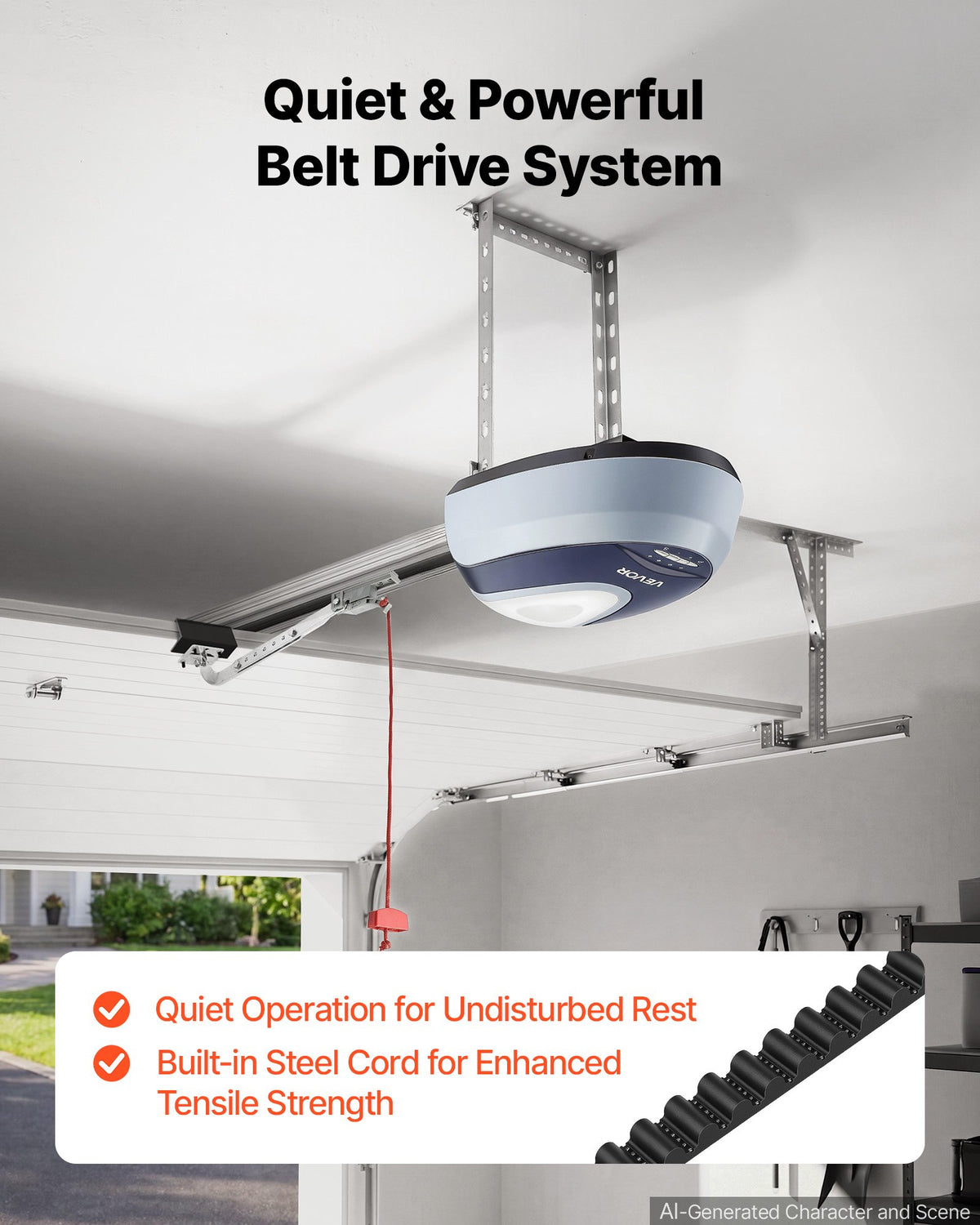 VEVOR Garage Door Opener 600N Pulling Force Ultra-Quiet Belt Drive Opener, for Residential Garage, Includes Durable 4-Section Rail System, 2 Remotes and Bright LED Lighting, One-Touch In-Car Control