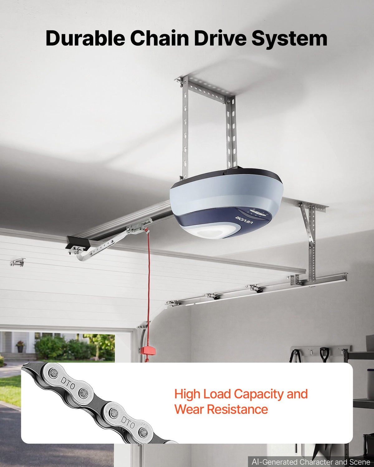 VEVOR Garage Door Opener 600N Pulling Force Heavy Duty Chain Drive Opener, for Residential Garage, Includes Durable 4-Section Rail System, 2 Remotes and Bright LED Lighting, One-Touch In-Car Control