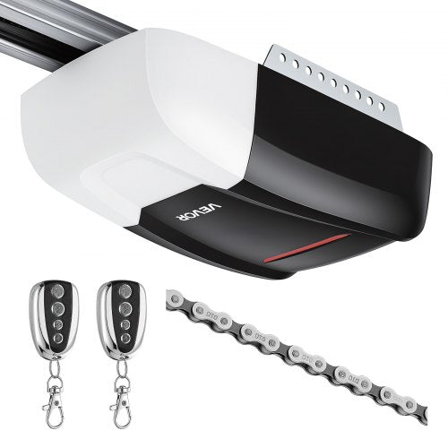 VEVOR Garage Door Opener 800N Pulling Force Heavy Duty Chain Drive Opener, for Residential Garage, Includes Durable 4-Section Rail, 2 Remotes & LED Lighting, One-Touch In-Car Control, Black & White