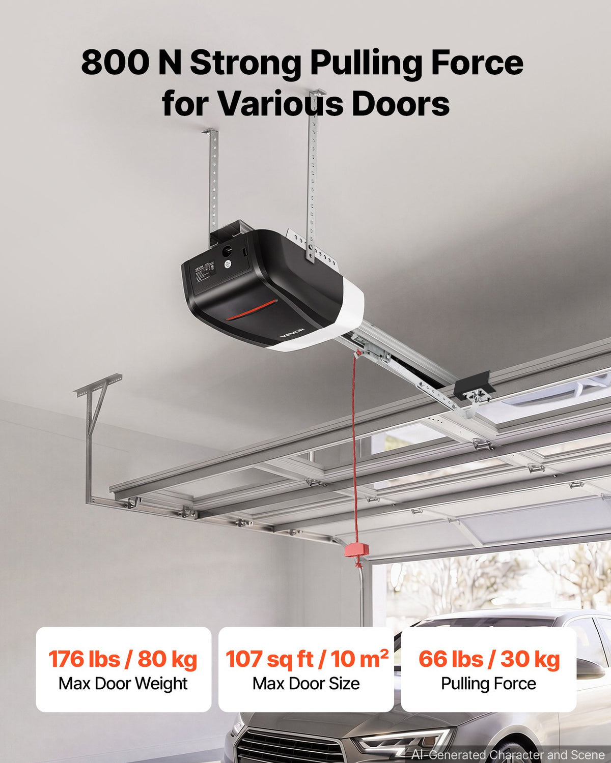 VEVOR Garage Door Opener 800N Pulling Force Heavy Duty Chain Drive Opener, for Residential Garage, Includes Durable 4-Section Rail, 2 Remotes & LED Lighting, One-Touch In-Car Control, Black & White