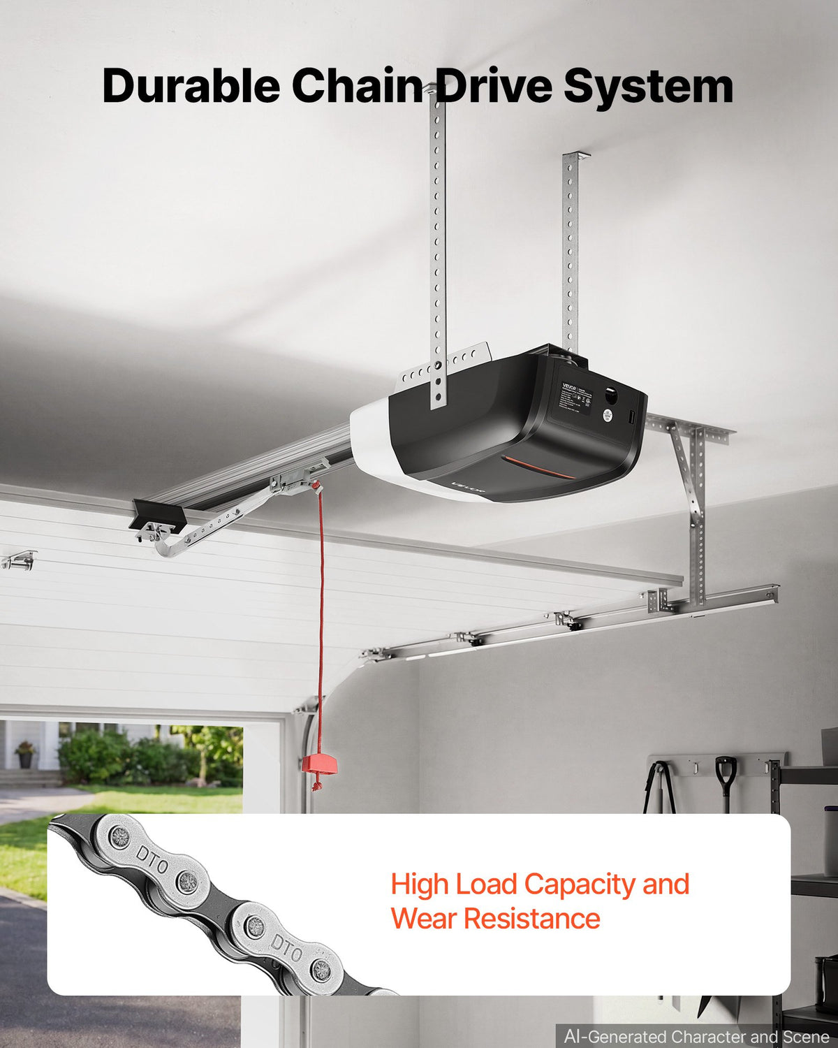 VEVOR Garage Door Opener 800N Pulling Force Heavy Duty Chain Drive Opener, for Residential Garage, Includes Durable 4-Section Rail, 2 Remotes & LED Lighting, One-Touch In-Car Control, Black & White
