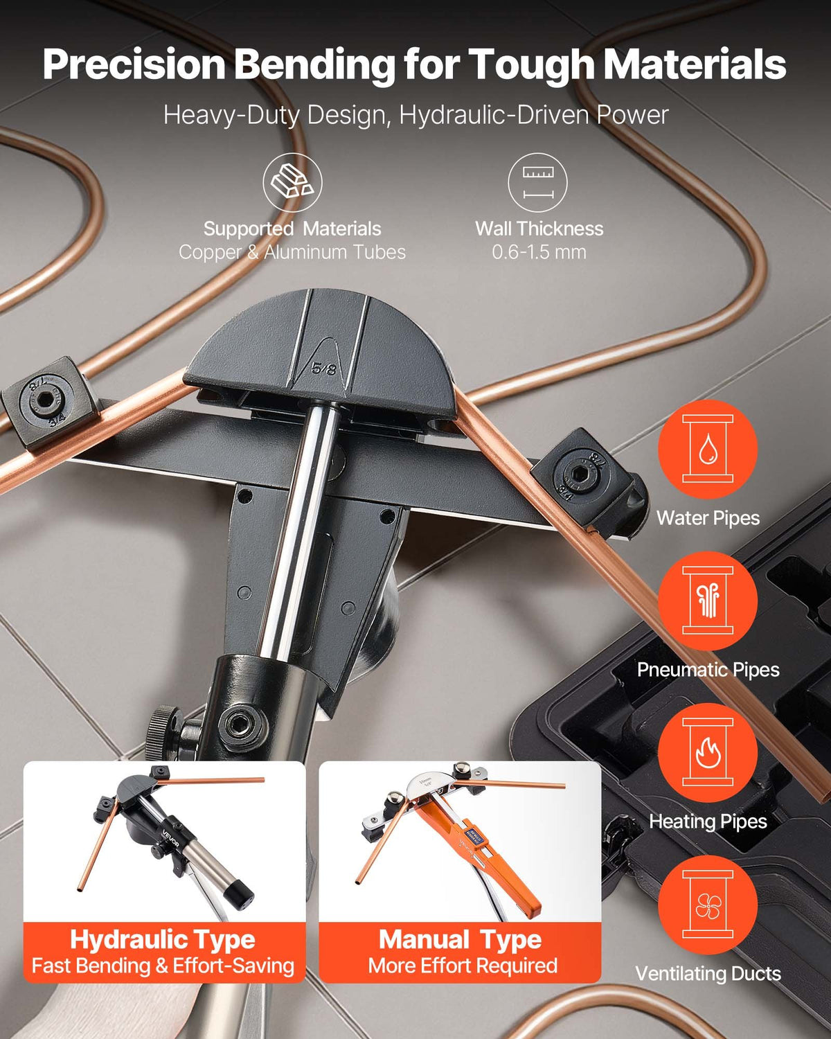 VEVOR Hydraulic Tubing Bender Kit, 6 mm to 22 mm, Copper Tube Pipe Bender, Forward/Reverse HVAC Bending Tool Set, with 7 Aluminium Alloy Dies, for HVAC Air Conditioning Refrigeration Automotive Repair