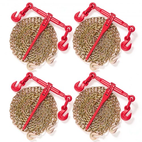 VEVOR Chain Load Binder, 8 mm Tie Down Kit with 2.45 Ton Working Load Capacity and Two Grab Hooks, Includes (4) Ratchet Binders - (4) 6.4 m Grade 80 Chains, Transport Load Package for Hauling, Towing