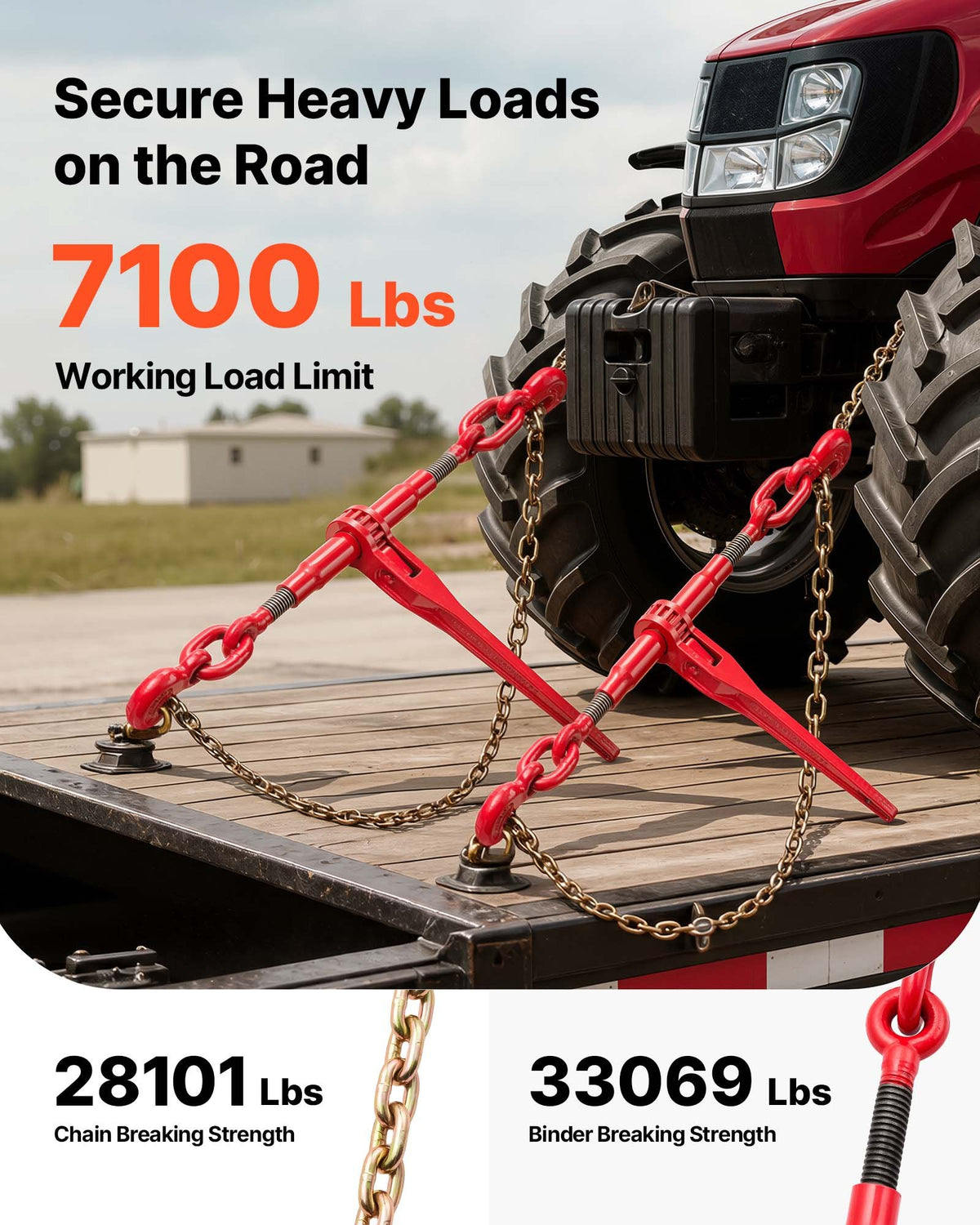 VEVOR Chain Load Binder, 8 mm Tie Down Kit with 2.45 Ton Working Load Capacity and Two Grab Hooks, Includes (4) Ratchet Binders - (4) 6.4 m Grade 80 Chains, Transport Load Package for Hauling, Towing