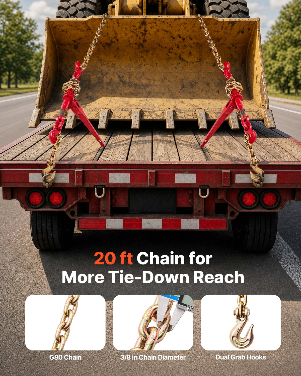 VEVOR Chain Load Binder, 8 mm Tie Down Kit with 2.45 Ton Working Load Capacity and Two Grab Hooks, Includes (4) Ratchet Binders - (4) 6.4 m Grade 80 Chains, Transport Load Package for Hauling, Towing