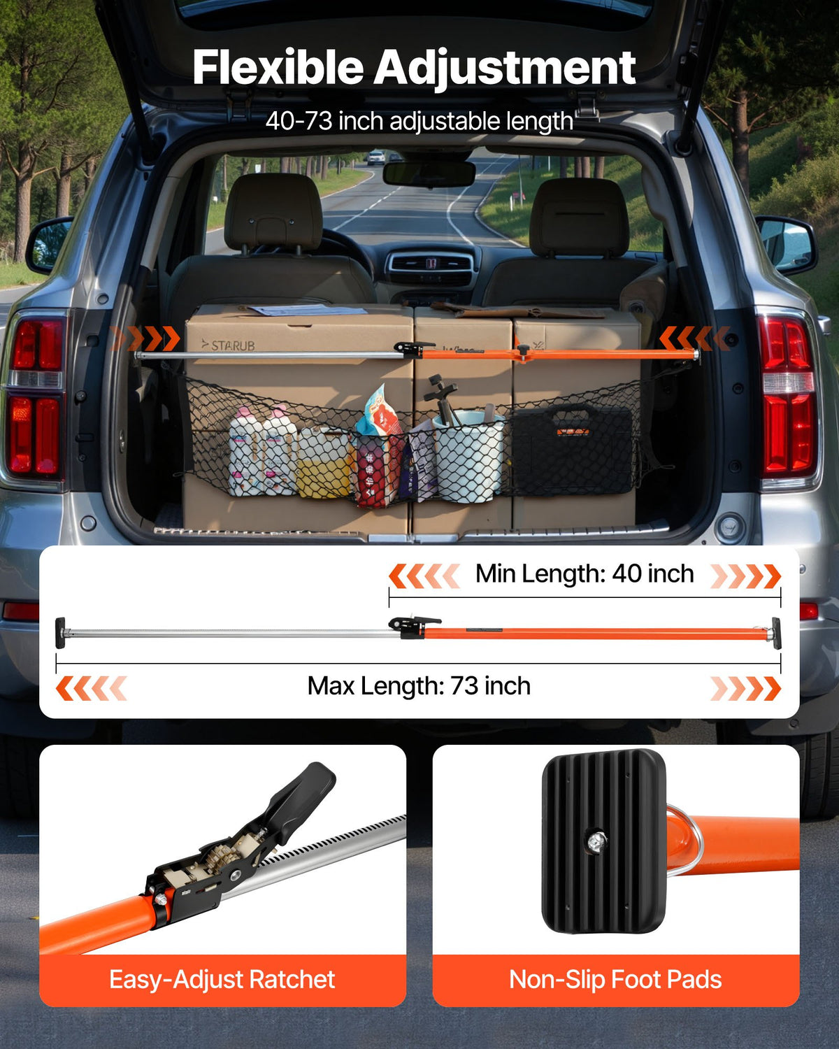 VEVOR Cargo Bar, Ratcheting Cargo Bars Adjustable from 1016mm to 1854mm, Heavy-duty Steel Cargos Stabilizer with Storage Net & Divider Bar, Telescoping Load Lock Bars for SUVs, Sedans