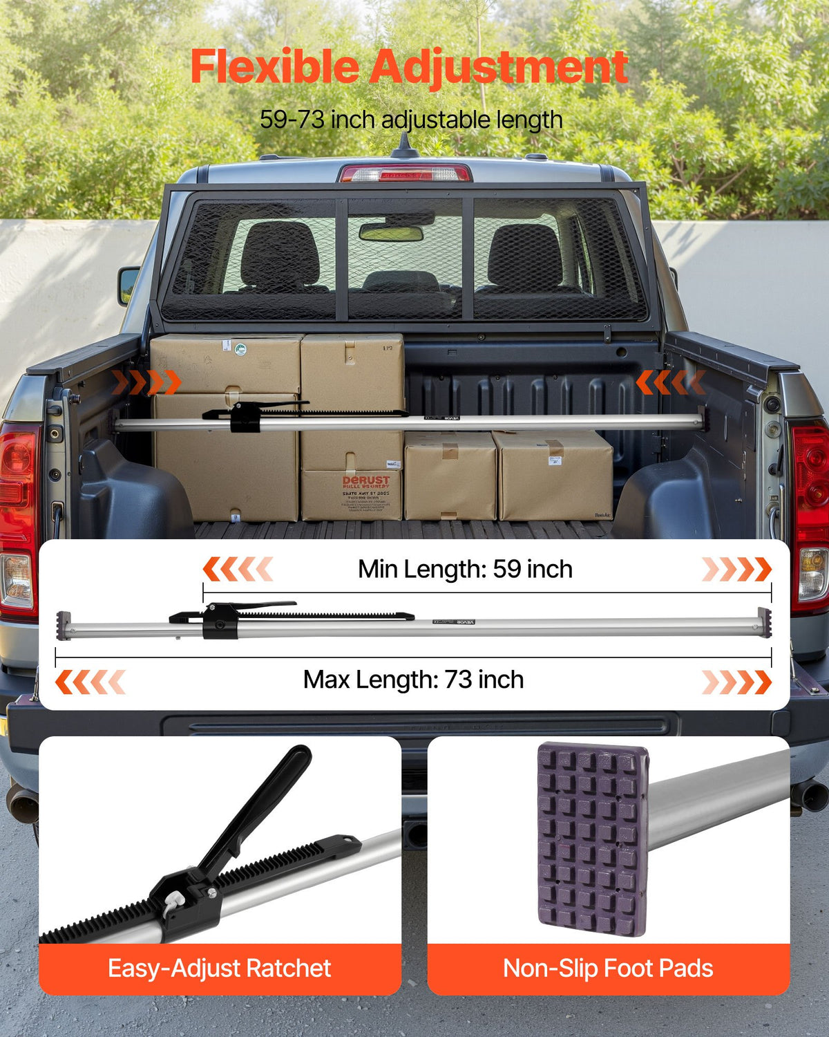 VEVOR Cargo Bar, Ratcheting Cargo Bar Adjustable from 1499mm to 1854mm, Heavy-duty Steel Cargos Stabilizer with Non-Slip Foot Pads, Telescoping Load Lock Bars for Pickup Truck