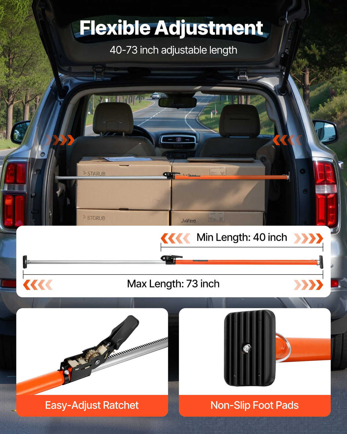 VEVOR Cargo Bar, Ratcheting Cargo Bar Adjustable from 1016mm to 1854mm, Heavy-duty Steel Cargos Stabilizer with Non-Slip Foot Pads, Telescoping Load Lock Bars for SUVs, Sedans