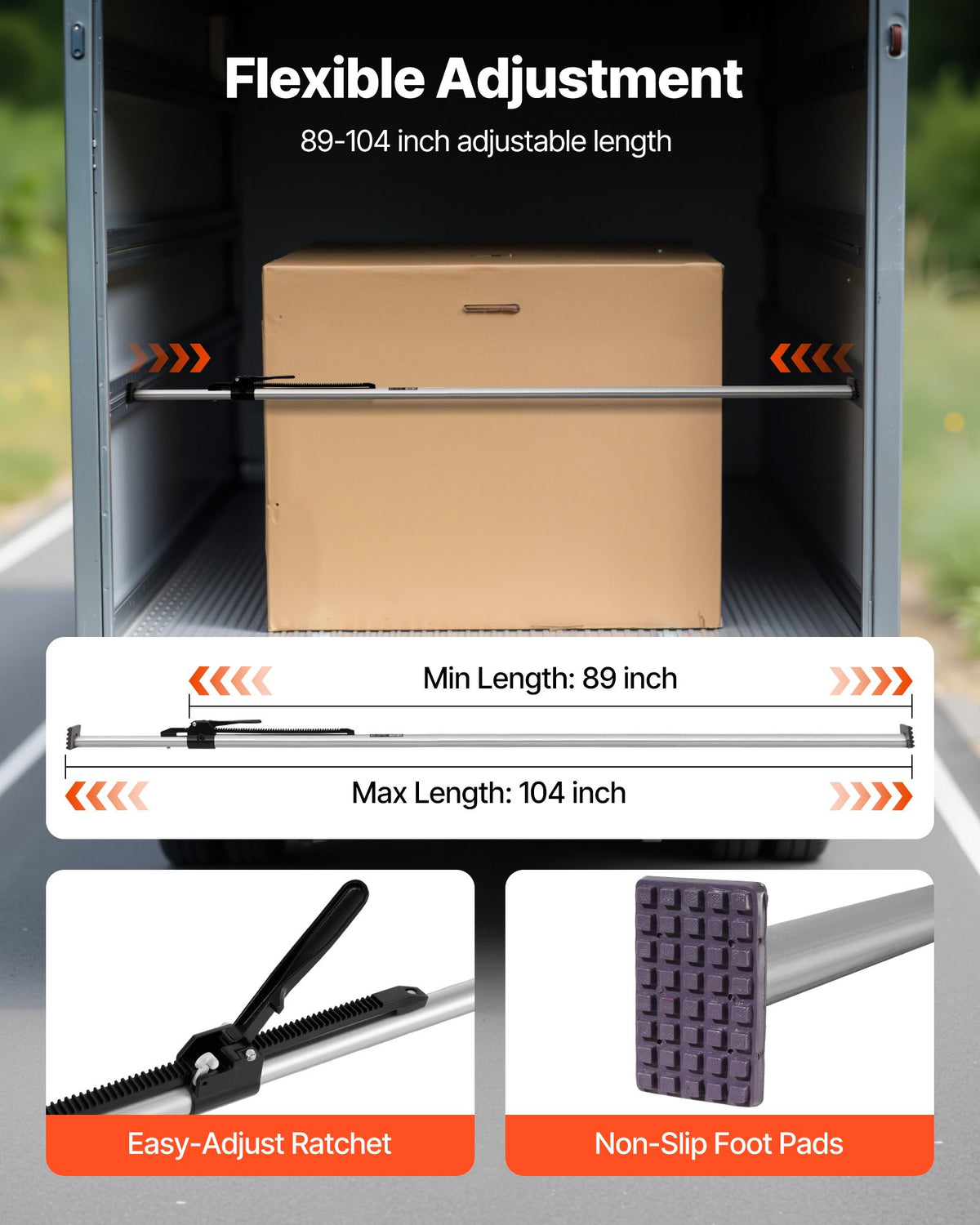 VEVOR Cargo Bar, Ratcheting Cargo Bar Adjustable from 2261mm to 2642mm, Heavy-duty Steel Cargos Stabilizer with Non-Slip Foot Pad, Truck Bed Load Lock Bars for Box Truck, Semi-Trailer, Trailer (2PCS)