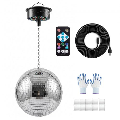 VEVOR Mirror Disco Ball 300 mm Hanging Ball with Motor Remote LED Lights, for Party Home Decoration Stage Props DJ Dance Club, RGB + 3 Mixed Colors, 0/3/6/9/12/15 RPM, Wedding Birthday Decor, Silver