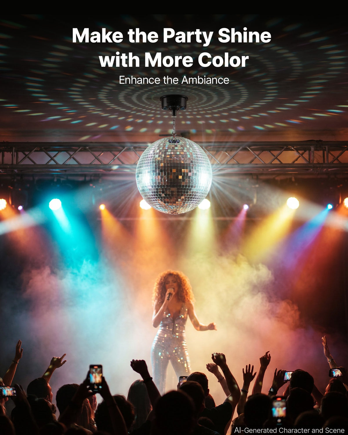 VEVOR Mirror Disco Ball 300 mm Hanging Ball with Motor Remote LED Lights, for Party Home Decoration Stage Props DJ Dance Club, RGB + 3 Mixed Colors, 0/3/6/9/12/15 RPM, Wedding Birthday Decor, Silver