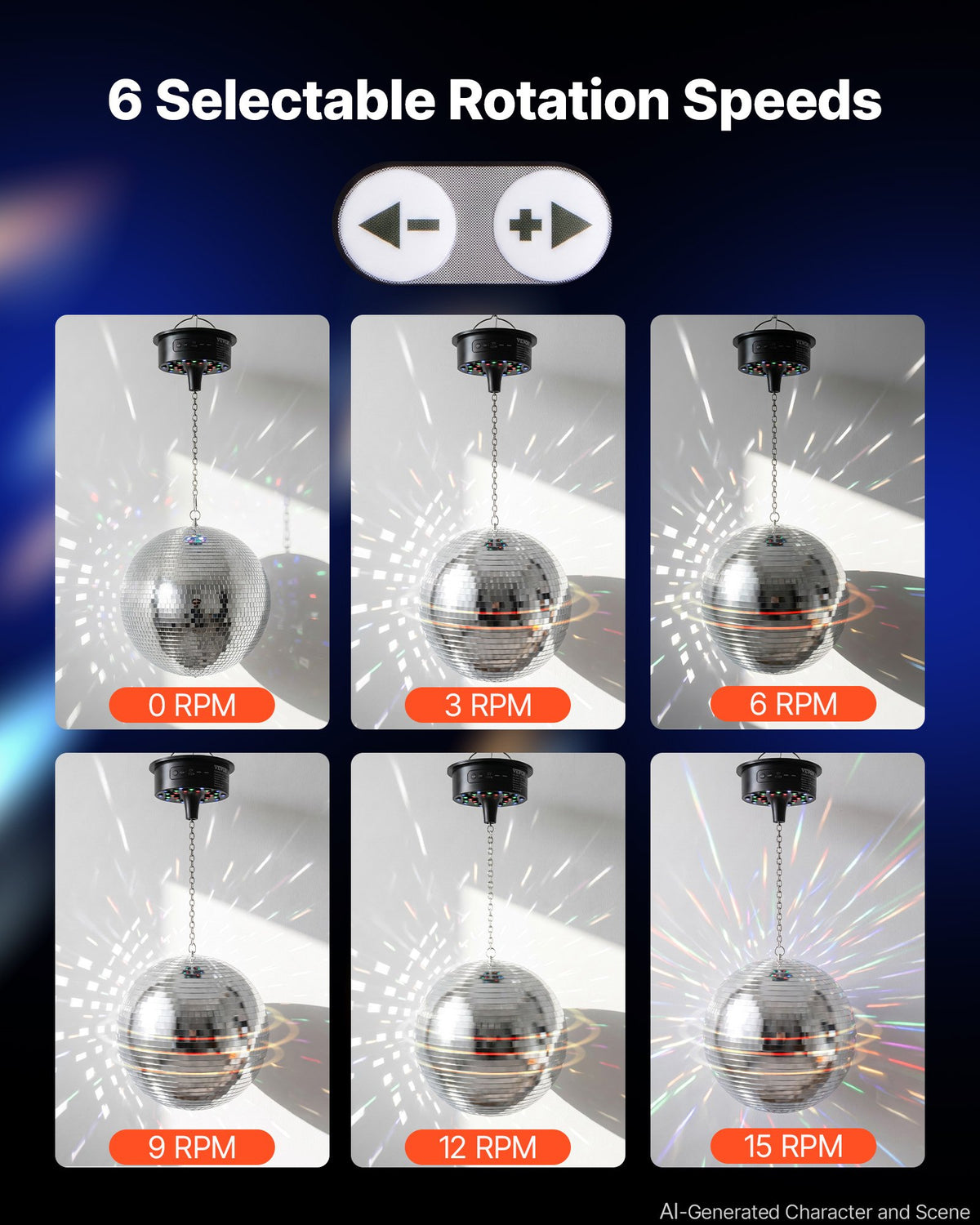 VEVOR Mirror Disco Ball 300 mm Hanging Ball with Motor Remote LED Lights, for Party Home Decoration Stage Props DJ Dance Club, RGB + 3 Mixed Colors, 0/3/6/9/12/15 RPM, Wedding Birthday Decor, Silver