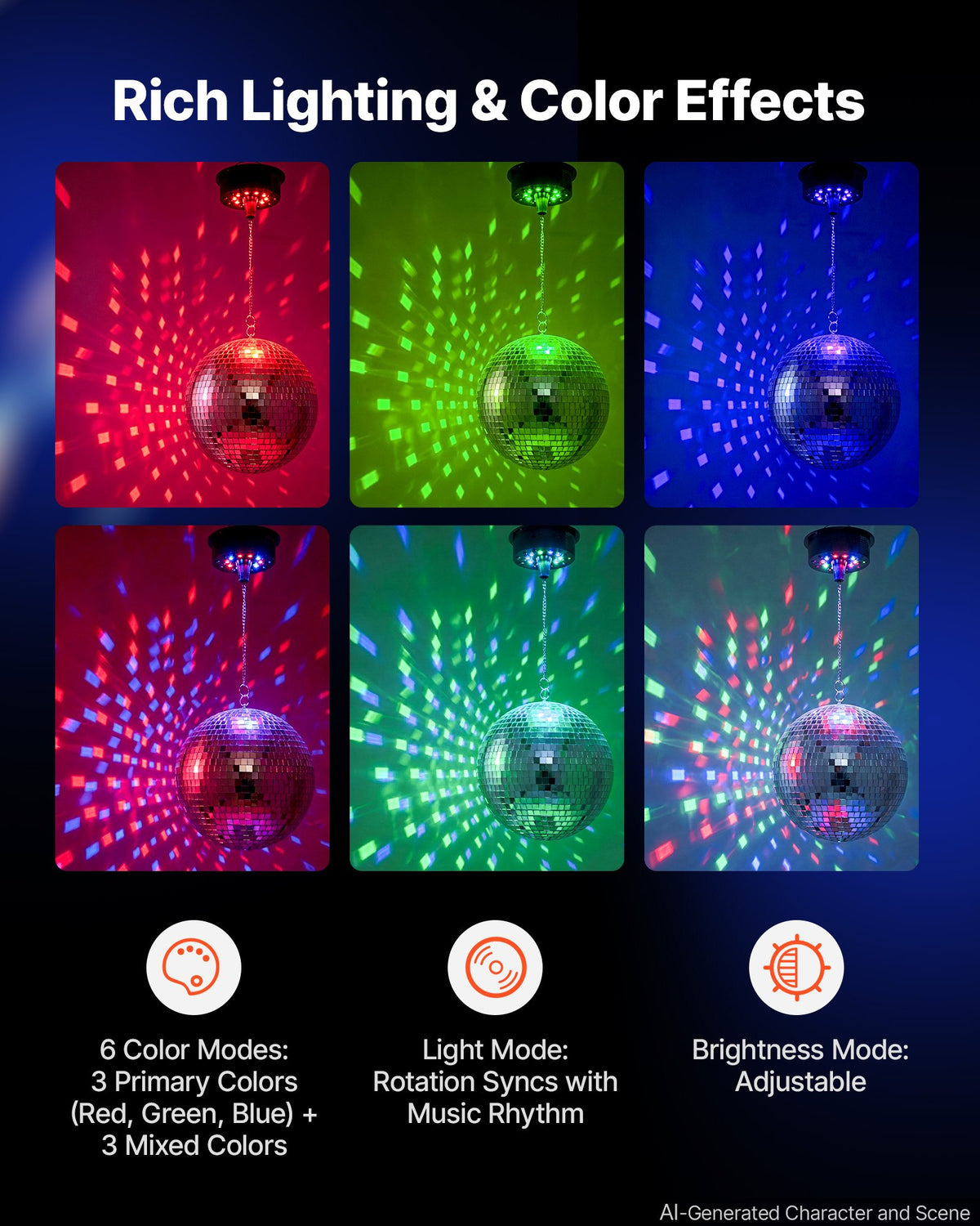 VEVOR Mirror Disco Ball 300 mm Hanging Ball with Motor Remote LED Lights, for Party Home Decoration Stage Props DJ Dance Club, RGB + 3 Mixed Colors, 0/3/6/9/12/15 RPM, Wedding Birthday Decor, Silver
