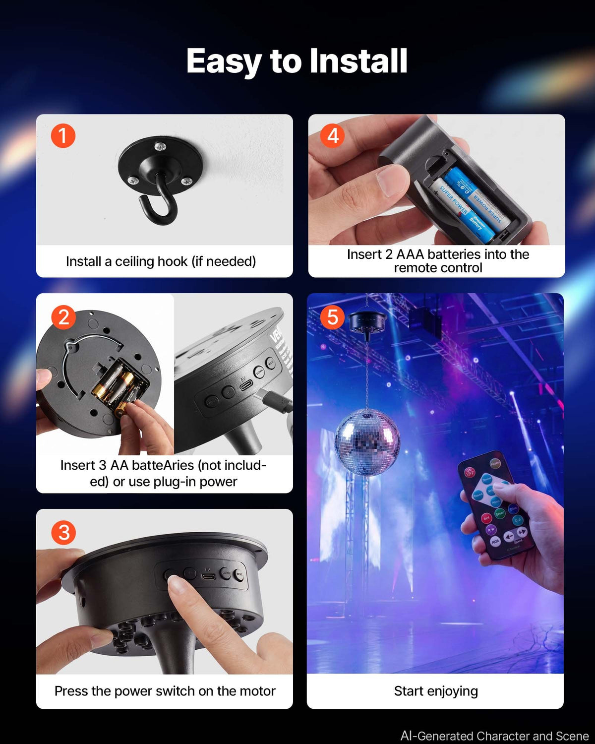 VEVOR Mirror Disco Ball 300 mm Hanging Ball with Motor Remote LED Lights, for Party Home Decoration Stage Props DJ Dance Club, RGB + 3 Mixed Colors, 0/3/6/9/12/15 RPM, Wedding Birthday Decor, Silver