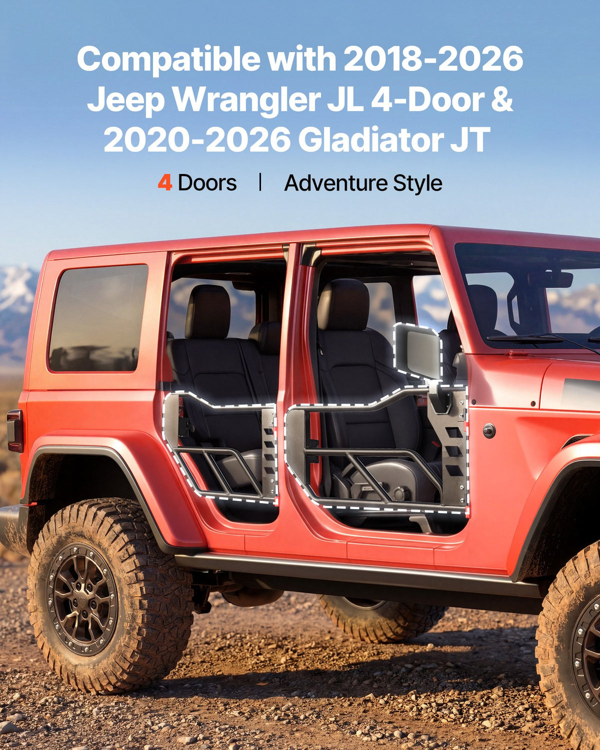 VEVOR Jeep Tube Doors, 4-Door, Compatible with 2018-2026 Jeep Wrangler JL & 2020-2026 Gladiator JT, Steel Off Road Front & Rear Tubular Half Doors with DOT Certified Side View Mirrors and Rubber Pads