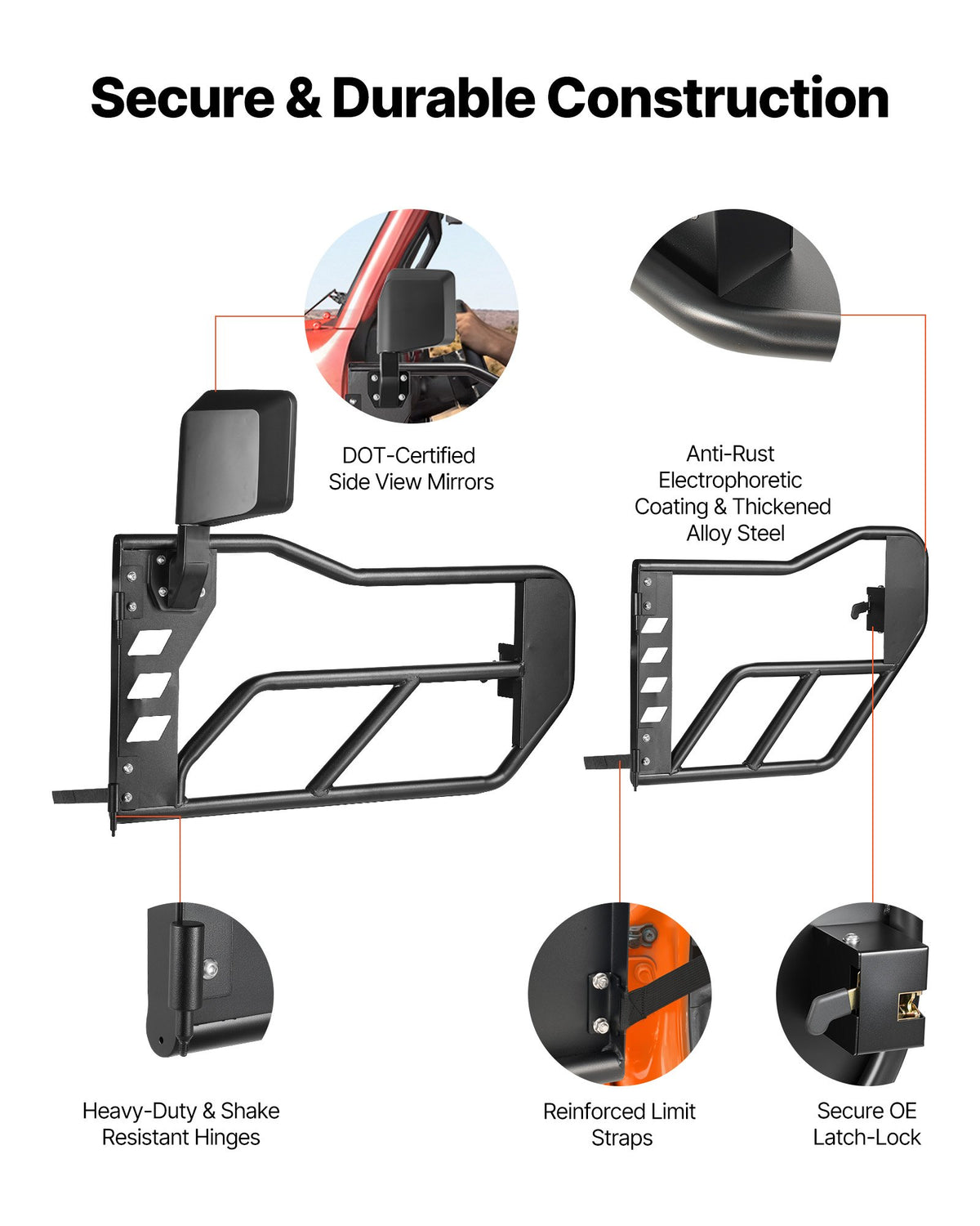 VEVOR Jeep Tube Doors, 4-Door, Compatible with 2018-2026 Jeep Wrangler JL & 2020-2026 Gladiator JT, Steel Off Road Front & Rear Tubular Half Doors with DOT Certified Side View Mirrors and Rubber Pads