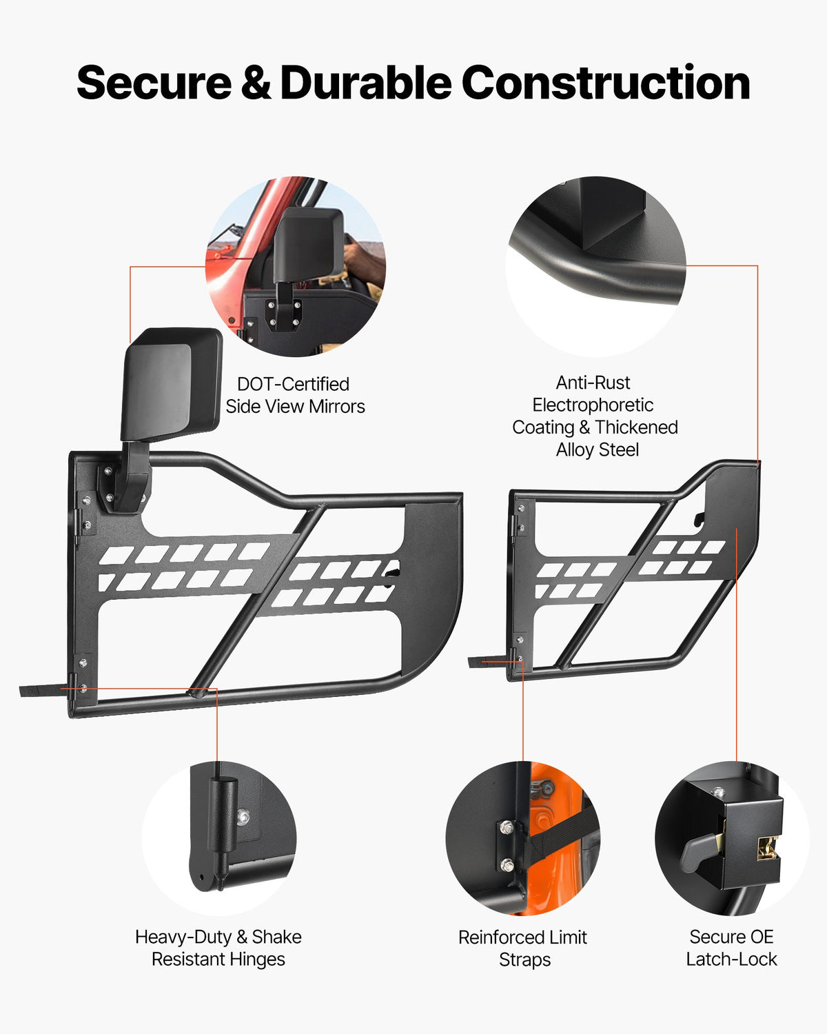 VEVOR Jeep Tube Doors, 4-Door, Compatible with 2007-2018 Jeep Wrangler JK JKU Unlimited, Steel Off Road Front & Rear Tubular Half Doors with DOT Certified Side View Mirrors, Storage Bag & Rubber Pads