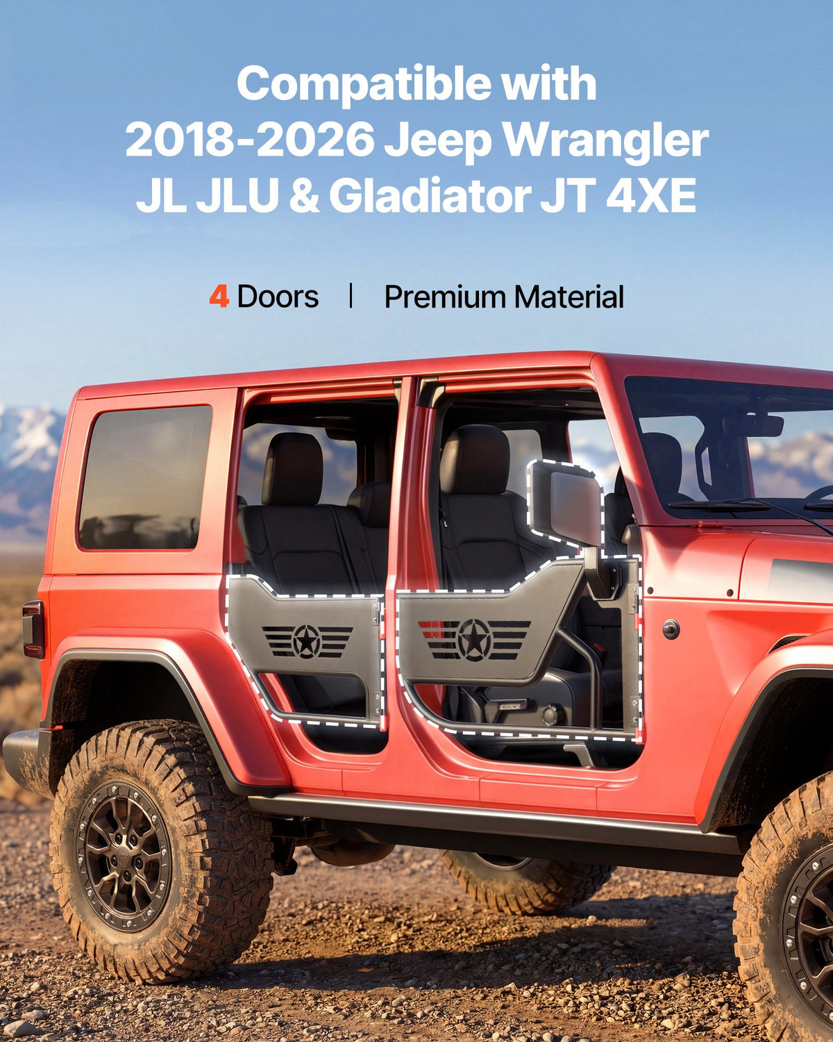 VEVOR Jeep Tube Doors, 4-Door, Compatible with 2018-2026 Jeep Wrangler JL JLU & Gladiator JT 4XE, Steel Off Road Front & Rear Tubular Half Doors with DOT Certified Side View Mirrors and Rubber Pads