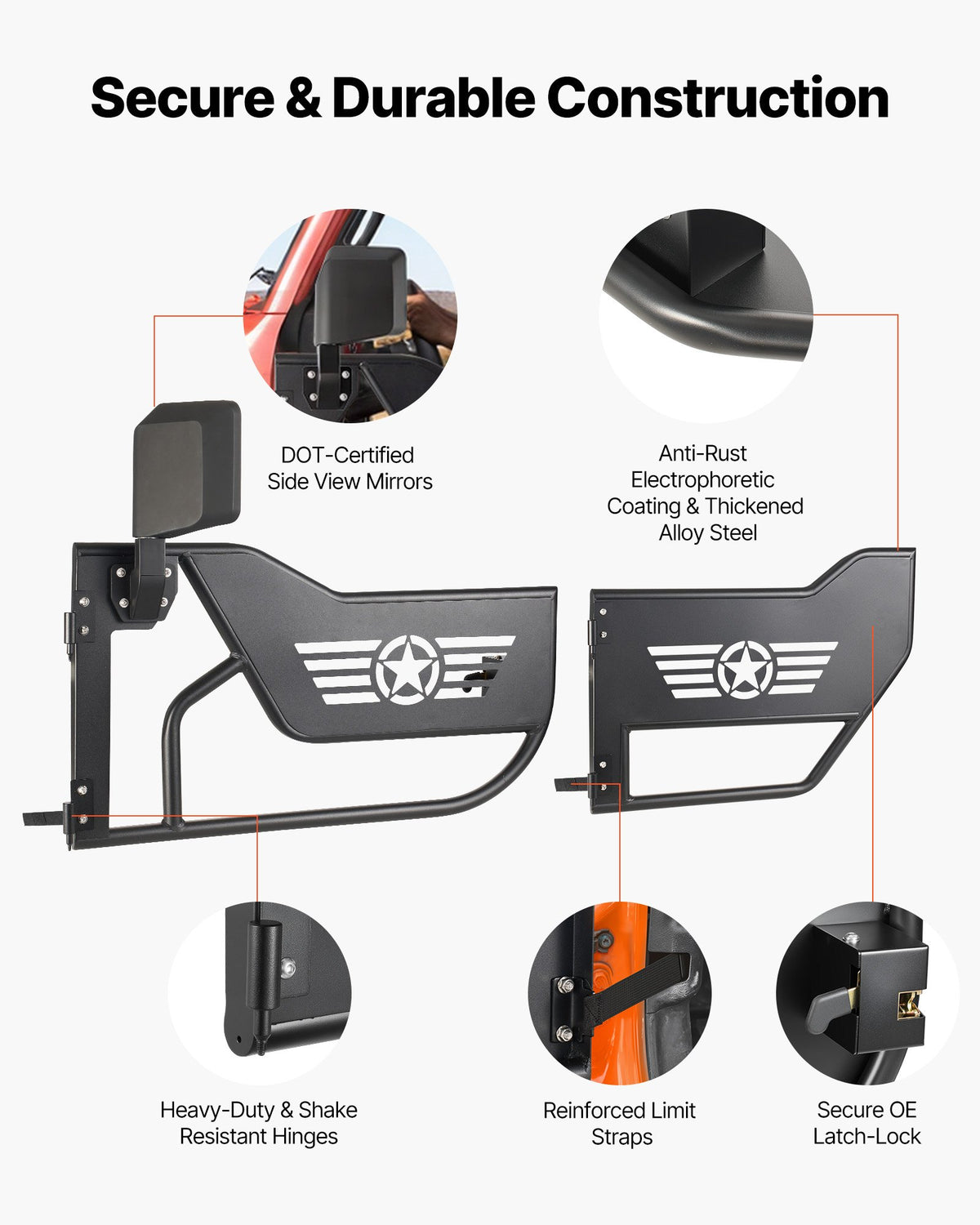 VEVOR Jeep Tube Doors, 4-Door, Compatible with 2018-2026 Jeep Wrangler JL JLU & Gladiator JT 4XE, Steel Off Road Front & Rear Tubular Half Doors with DOT Certified Side View Mirrors and Rubber Pads