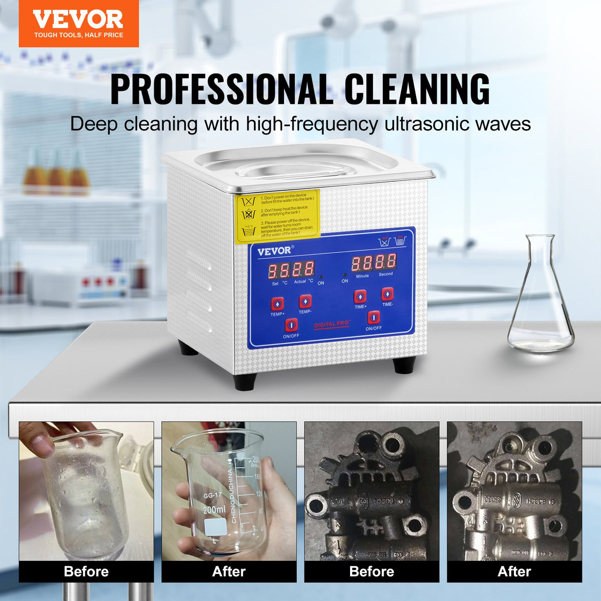 VEVOR Professional Ultrasonic Cleaner, 1.3 L Ultrasonic Jewelry Cleaner with Digital Timer & Heater, Stainless Steel Industrial Sonic Cleaner 40kHz for Glasses, Watches, Rings, Small Parts