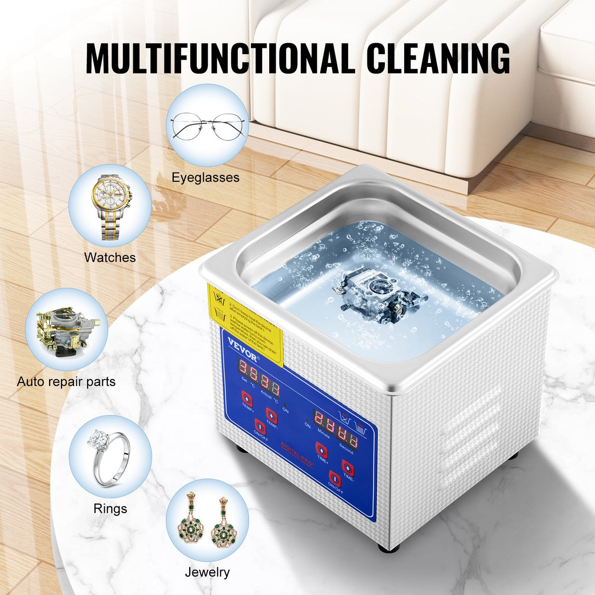 VEVOR Professional Ultrasonic Cleaner, 1.3 L Ultrasonic Jewelry Cleaner with Digital Timer & Heater, Stainless Steel Industrial Sonic Cleaner 40kHz for Glasses, Watches, Rings, Small Parts