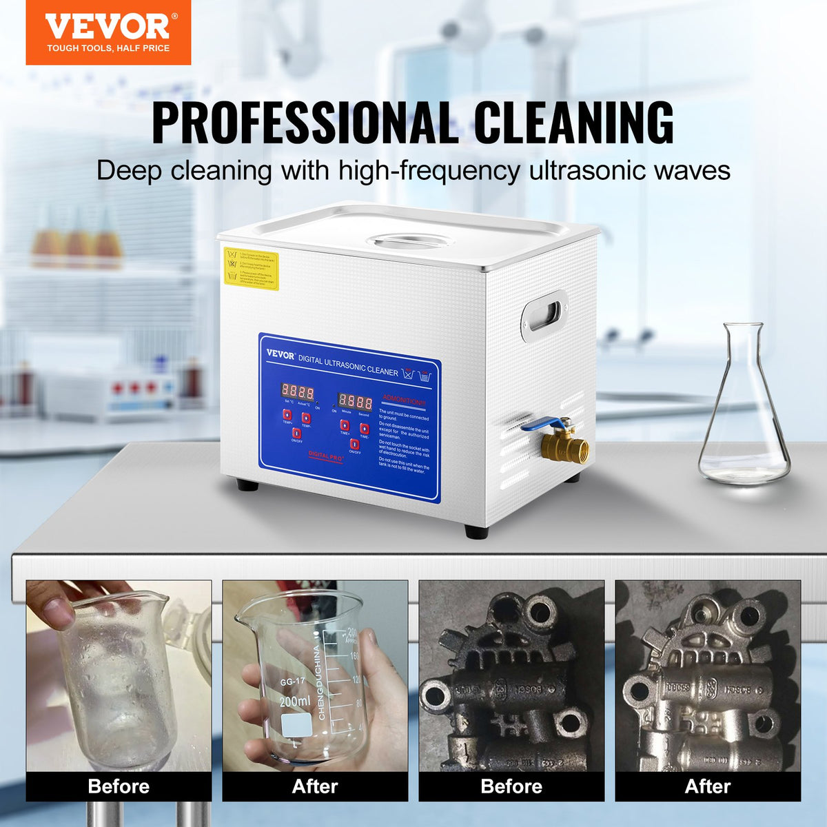 VEVOR Professional Ultrasonic Cleaner, 10 L Ultrasonic Jewelry Cleaner with Digital Timer & Heater, Stainless Steel Industrial Sonic Cleaner 40kHz for Glasses, Watches, Rings, Small Parts