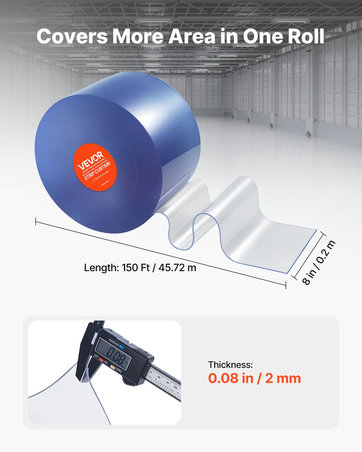 VEVOR Clear PVC Strip Curtain, 45.7 m Length x 20 cm Width, Plastic Door Strip Bulk Roll, Walk in Freezer Cooler Curtain Strips for Doorways of Supermarket, Garage, Warehouse, Barn, Pet Animal House