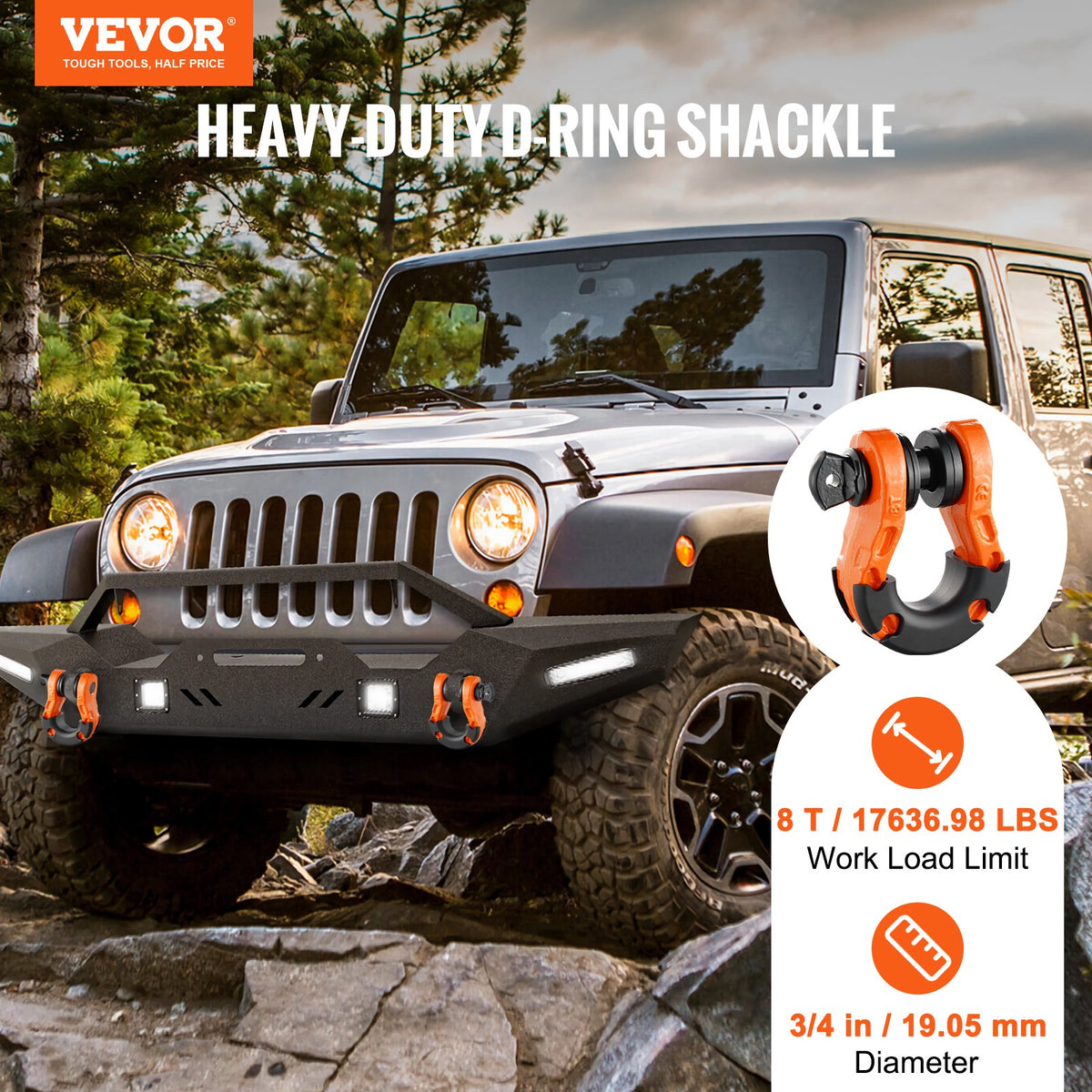 VEVOR 3/4" D-Ring Shackle, 2 Pack Alloy Steel Shackles 66139 lbs (30 Ton) Break Strength with 7/8" Screw Pin, Isolators & Washers, Heavy Duty Off Road Vehicle Recovery Shackle for Jeep Truck, Orange