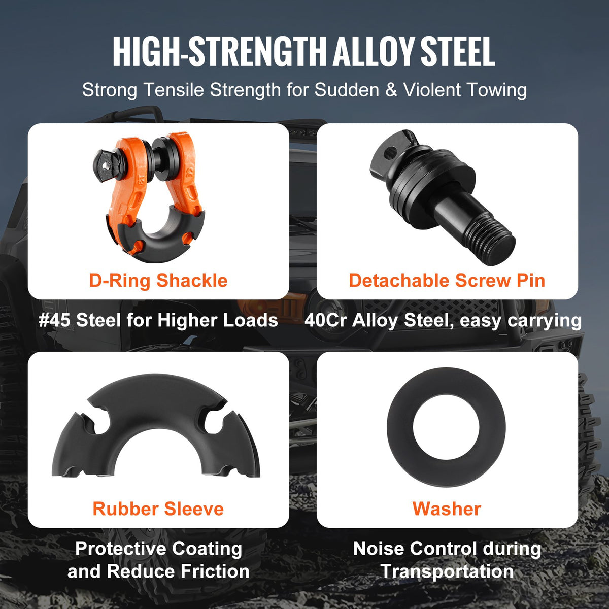 VEVOR 3/4" D-Ring Shackle, 2 Pack Alloy Steel Shackles 66139 lbs (30 Ton) Break Strength with 7/8" Screw Pin, Isolators & Washers, Heavy Duty Off Road Vehicle Recovery Shackle for Jeep Truck, Orange