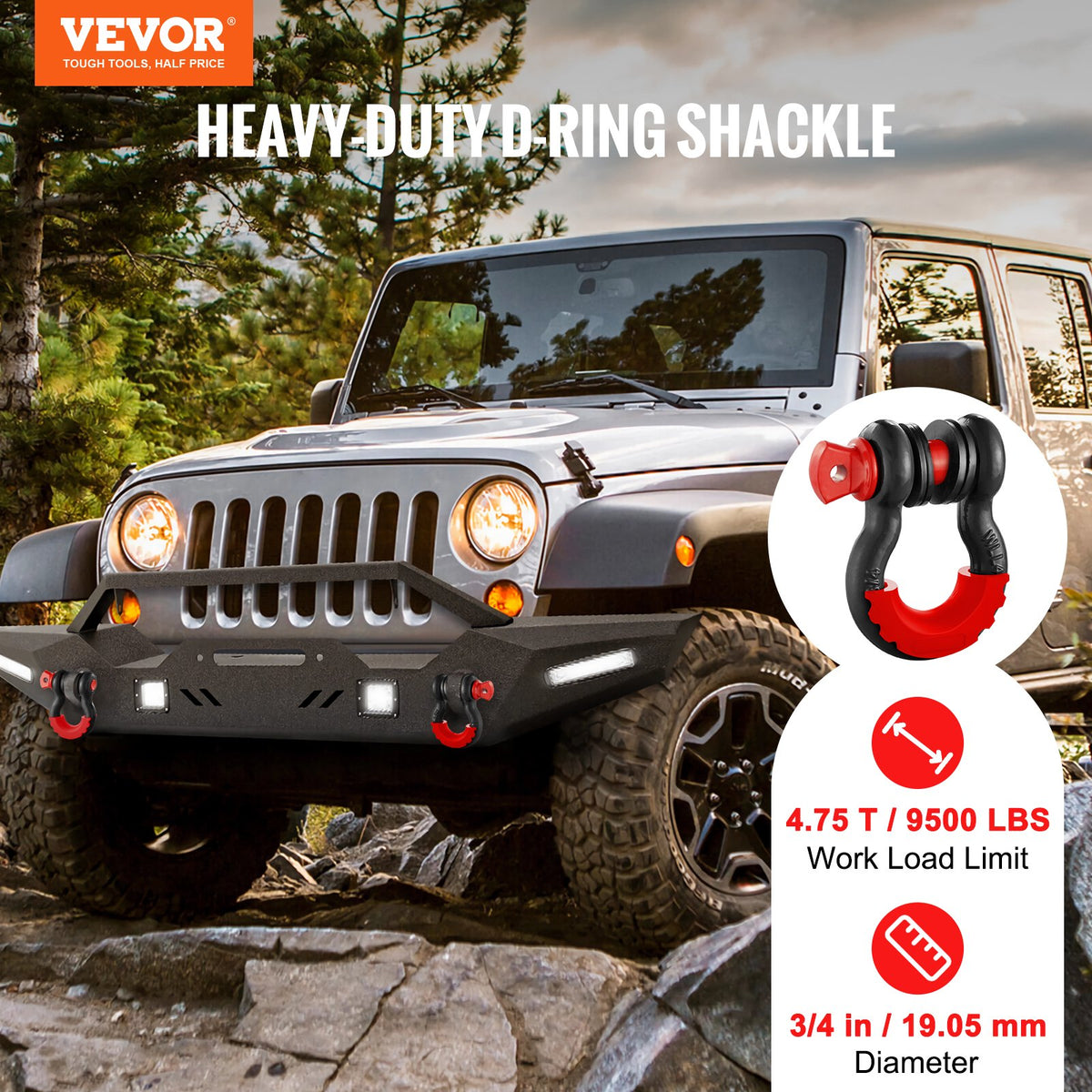 VEVOR 2 Pack 19 mm D Ring Shackle with 22.2 mm Screw Pin 28.5 Ton Break Strength