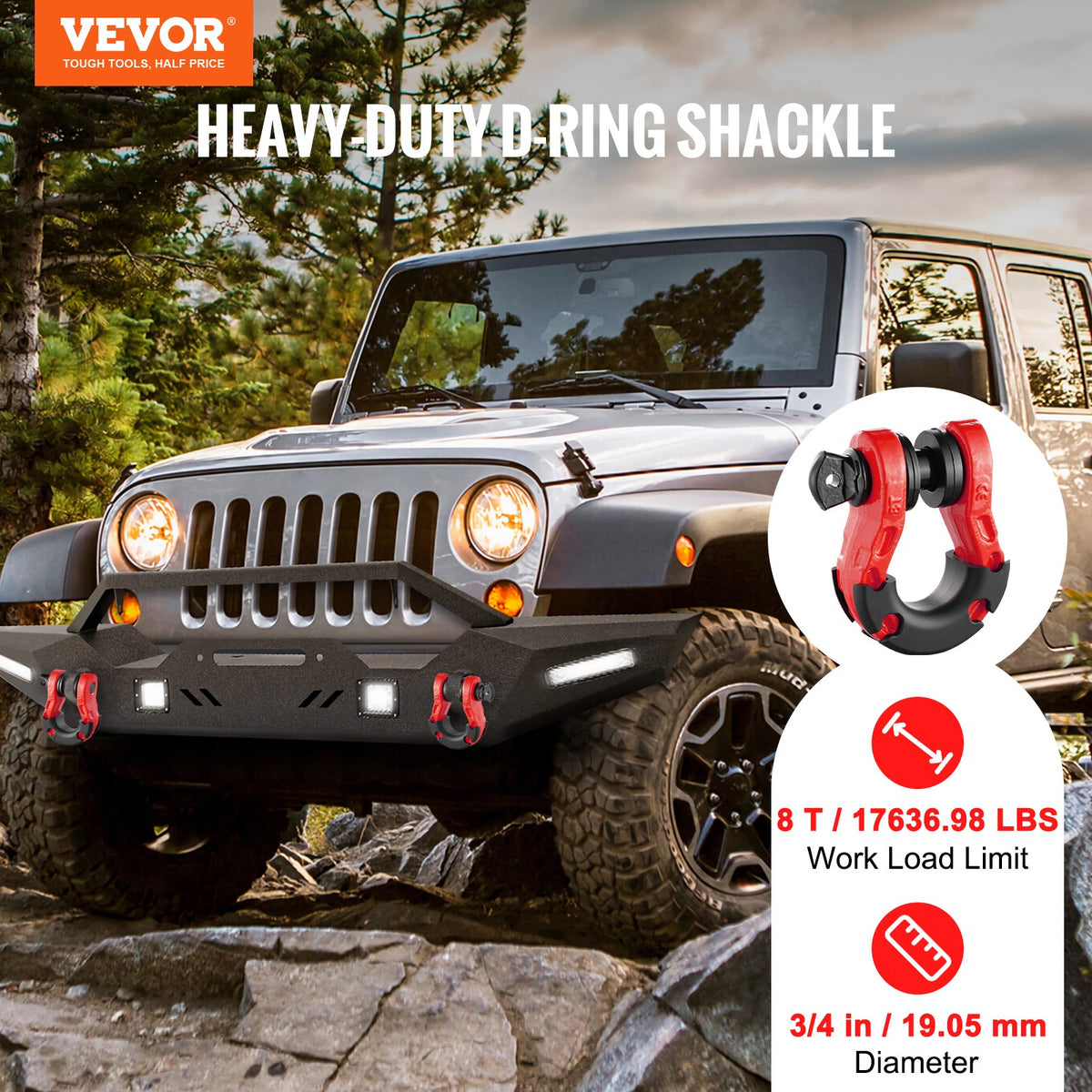 VEVOR 2 Pack 19 mm D Ring Shackle with 22.2 mm Screw Pin 30 Ton Break Strength
