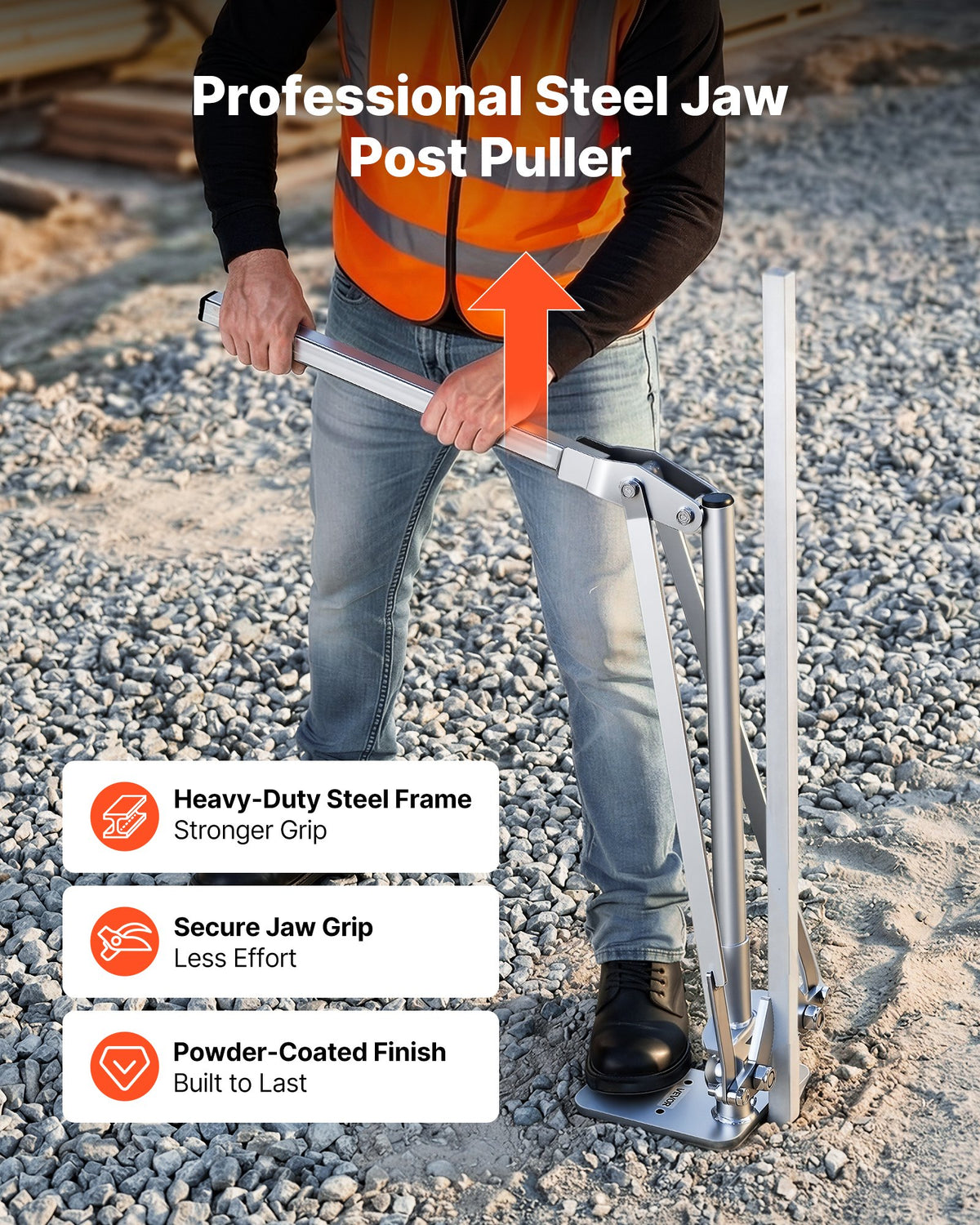 VEVOR T Post Puller, 90 mm Max Clamping Width, Heavy-Duty Steel Jaw Grip, Powder-Coated Finish, Easy to Store, Labor-Saving Fence T-Post Remover Tool for Rebar Stakes, Wood Stakes, and Road Signs