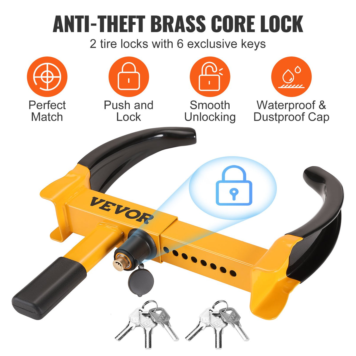 VEVOR Wheel Lock, 2 Packs Universal Wheel Clamp Lock, Adjustable Anti Theft Trailer Lock Wheel Clamp, Heavy-duty Steel Tire Lock for ATV RV SUV Car Golf Cart Boats Motorcycles, with 6 Keys
