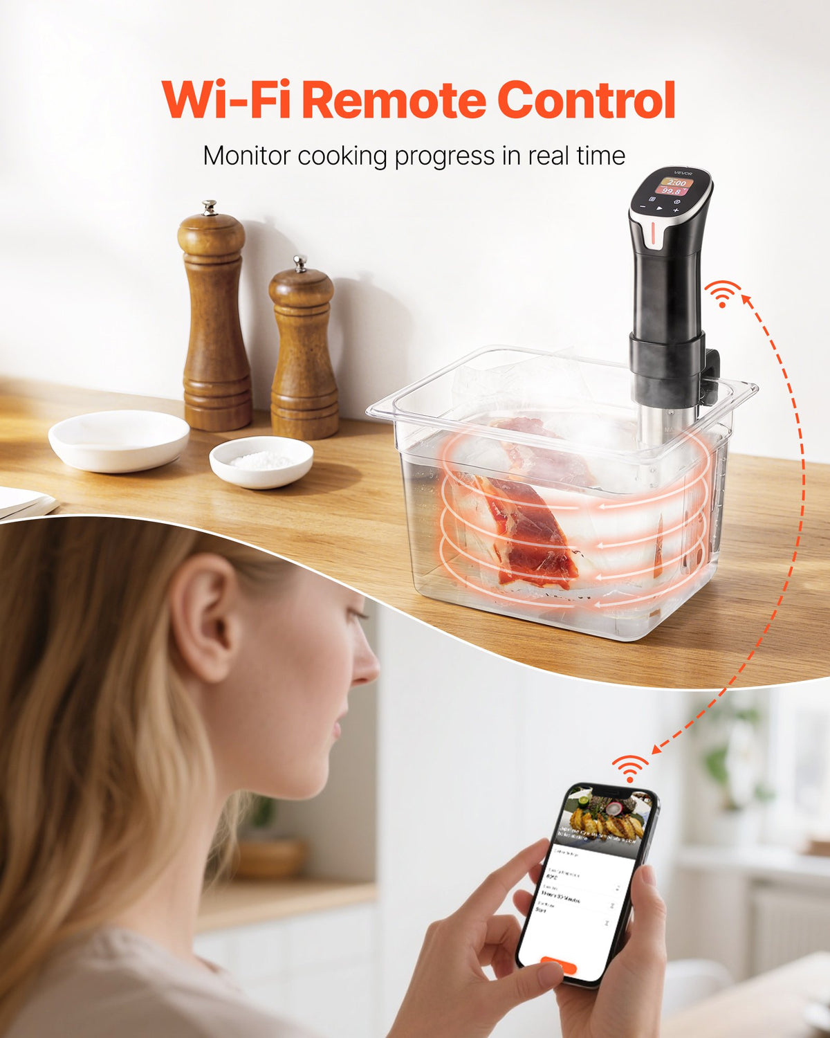VEVOR Sous Vide Precision Cooker, 1100W Sous-Vide Cooking Machine, WIFI Immersion Circulator with 10 Preset Recipes, LCD Touchscreen, Fast-Heating, Accurate Temperature & Timer, App Control, Sous-Vide