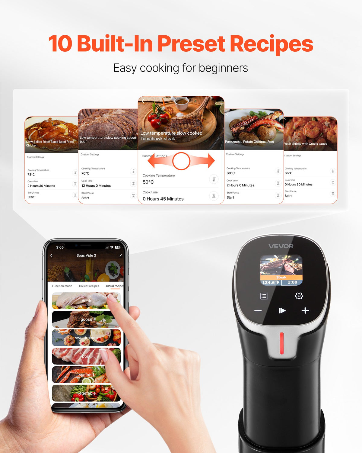 VEVOR Sous Vide Precision Cooker, 1100W Sous-Vide Cooking Machine, WIFI Immersion Circulator with 10 Preset Recipes, LCD Touchscreen, Fast-Heating, Accurate Temperature & Timer, App Control, Sous-Vide
