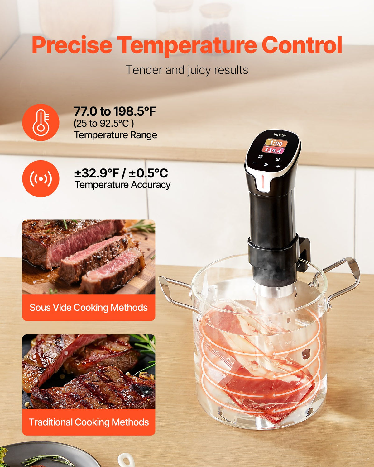 VEVOR Sous Vide Precision Cooker, 1100W Sous-Vide Cooking Machine, WIFI Immersion Circulator with 10 Preset Recipes, LCD Touchscreen, Fast-Heating, Accurate Temperature & Timer, App Control, Sous-Vide