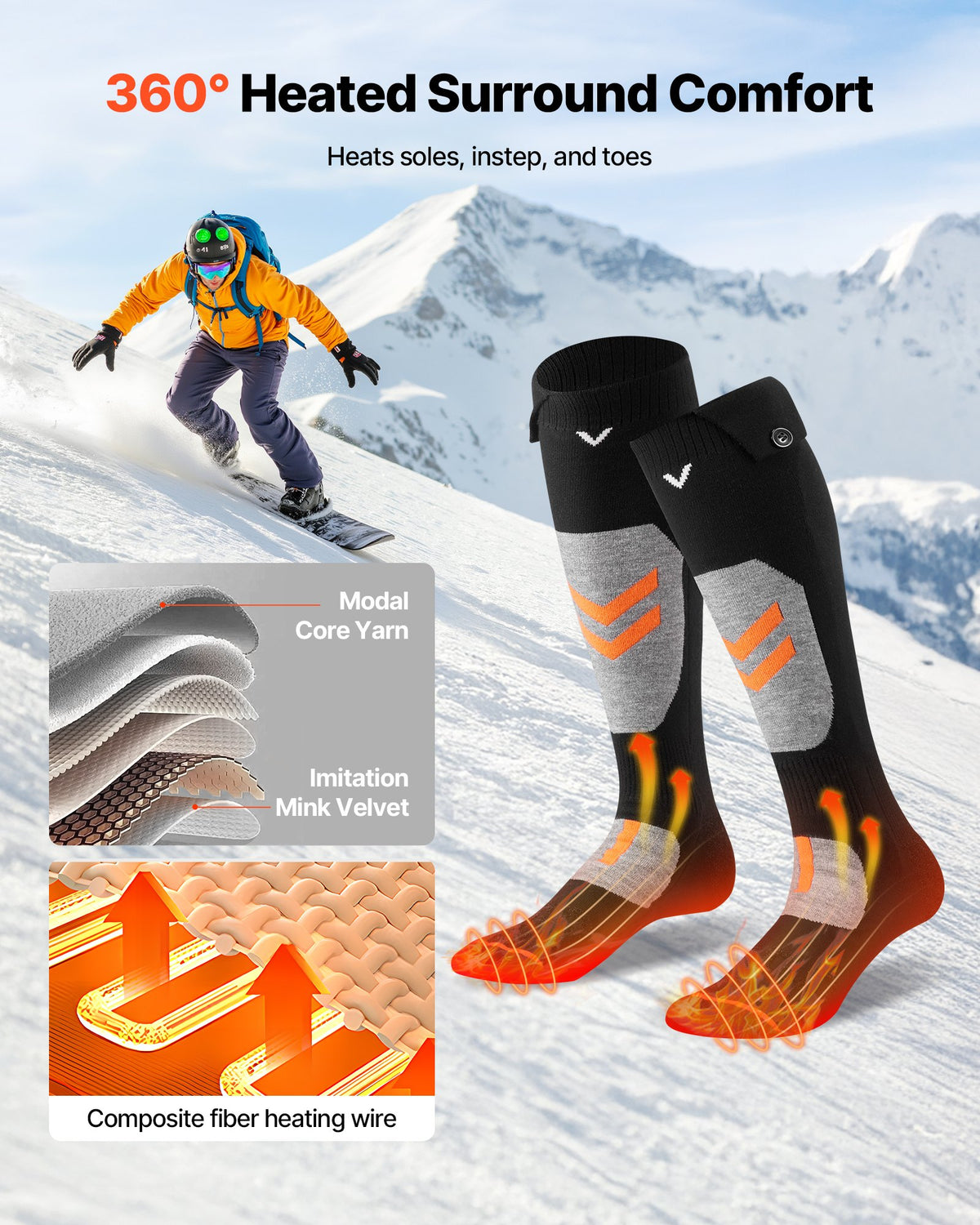 VEVOR Heated Socks, 5000mAh Battery Powered, Rechargeable Heating Socks with 4 Heating Levels, Electric Heated Sock with APP Control for Men Women, Foot Warmer for Hunting Riding Camping Hiking