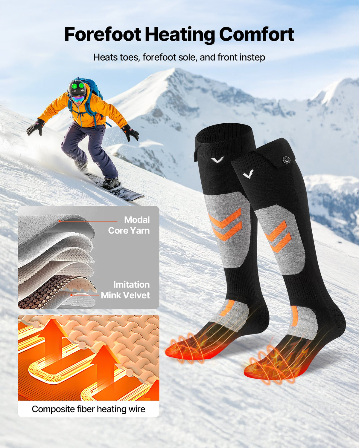 VEVOR Heated Socks, X-Large Size, 5000mAh Battery Rechargeable Heating Socks with 4 Heating Levels, Electric Heated Sock with APP Control for Men Women, Foot Warmer for Hunting Riding Camping Hiking