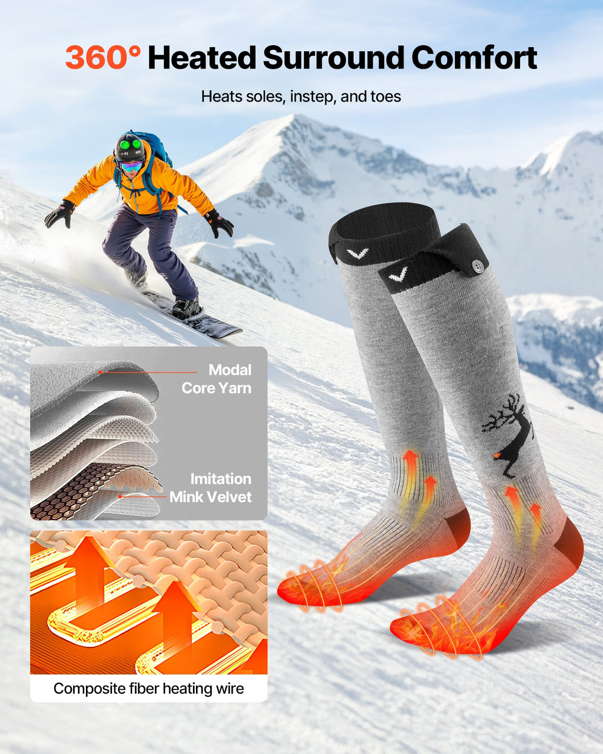VEVOR Heated Socks, 6000mAh Battery Powered, Rechargeable Heating Socks with 4 Heating Levels, Electric Heated Sock with APP Control for Men Women, Foot Warmer for Hunting Riding Camping Hiking