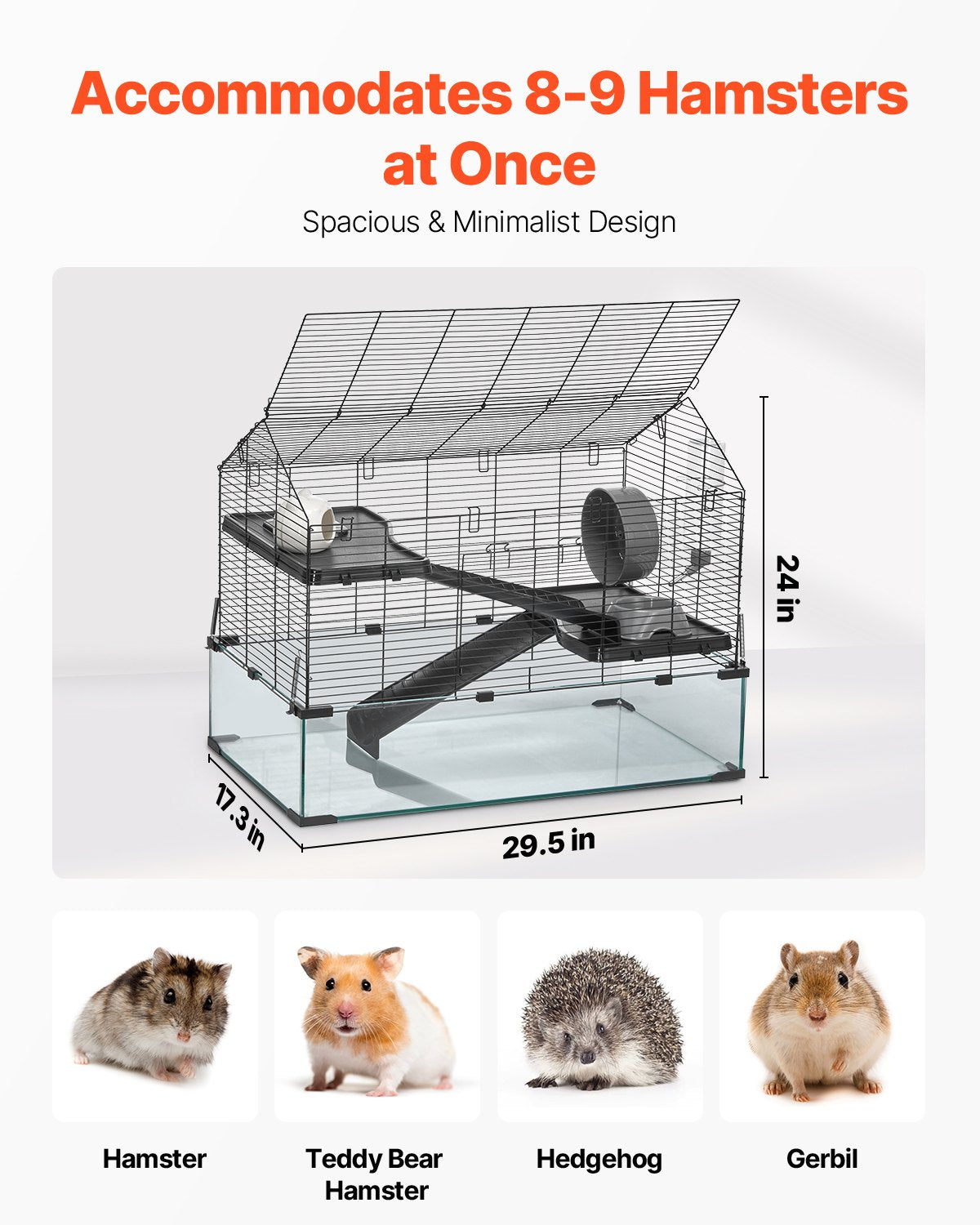 VEVOR Hamster Cage, 360° Viewing Transparent Hamster Habitats, Small Animal Cage, 29.5 x 17.3 x 24 in, Ventilated Pet Mouse Cages with Water Bottle, Portable Hamster House for Rats, Guinea Pigs