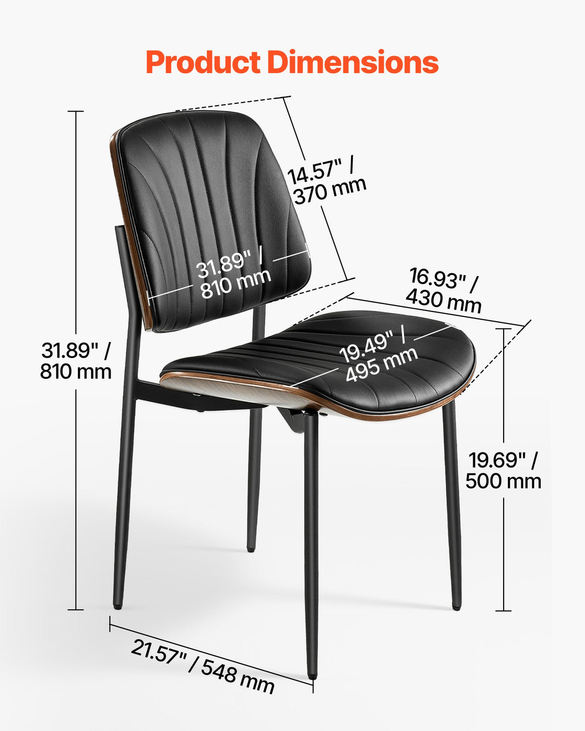 VEVOR Modern Dining Room Accent Chairs Set of 2, Upholstered Leather Side Chair for Dining Tables, Space-Saving Kitchen Table Chair with Thick Cushions and Metal Legs, Black