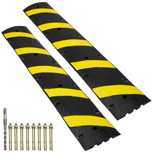 VEVOR 2PCs Rubber Speed Hump 183 x 30 x 4.5 cm, 2 Channel, 100000 kg Capacity Heavy Duty Traffic Speed Bump, with High Reflective Yellow Strip 8 Expansion Screws and 1 Drill, for Asphalt Concrete Gravel Roads
