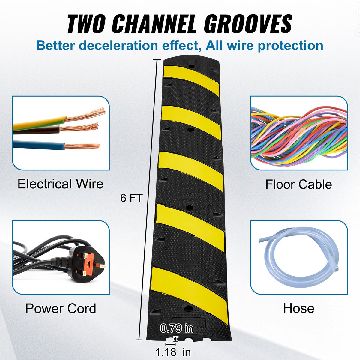 VEVOR 2PCs Rubber Speed Hump 183 x 30 x 4.5 cm, 2 Channel, 100000 kg Capacity Heavy Duty Traffic Speed Bump, with High Reflective Yellow Strip 8 Expansion Screws and 1 Drill, for Asphalt Concrete Gravel Roads