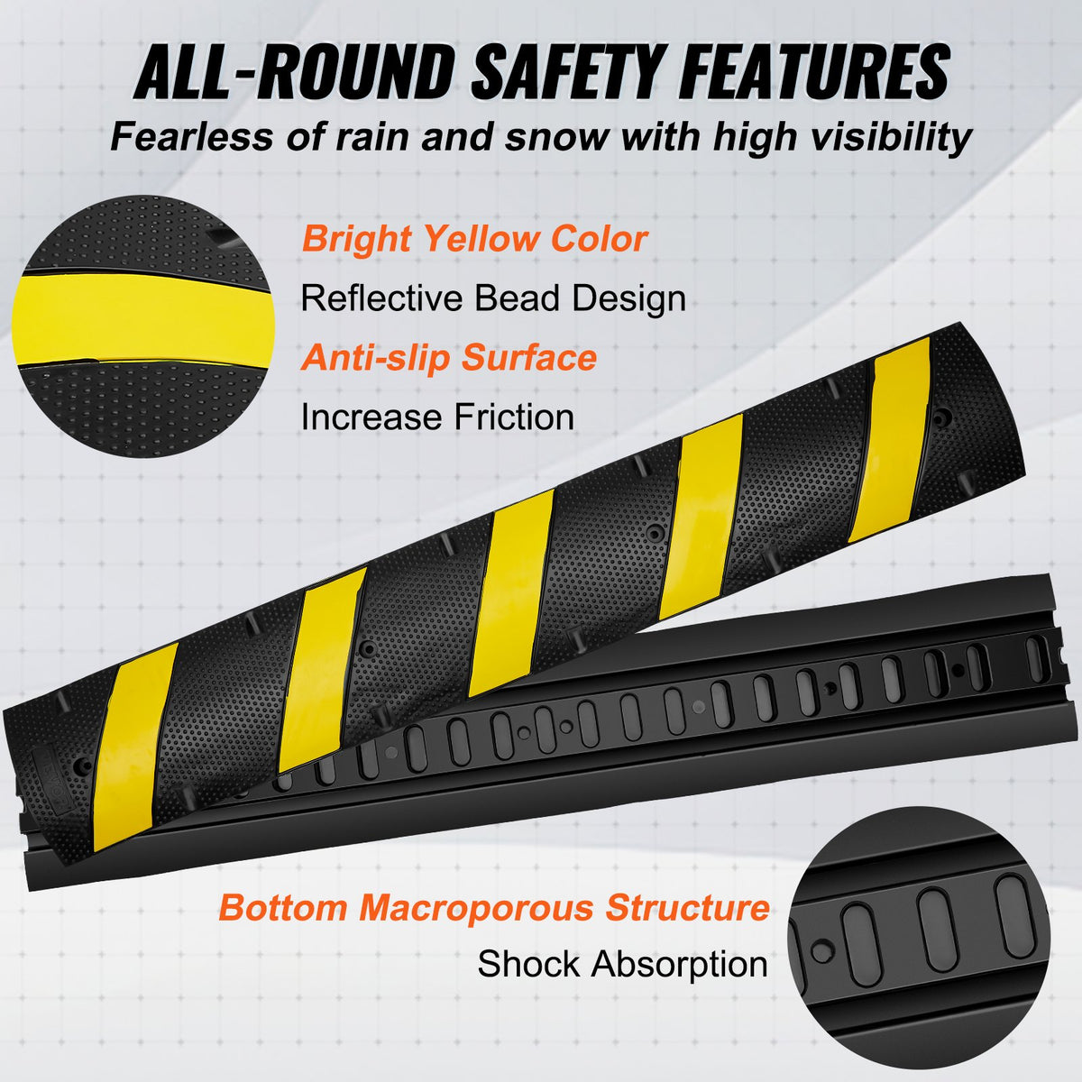 VEVOR 2PCs Rubber Speed Hump 183 x 30 x 4.5 cm, 2 Channel, 100000 kg Capacity Heavy Duty Traffic Speed Bump, with High Reflective Yellow Strip 8 Expansion Screws and 1 Drill, for Asphalt Concrete Gravel Roads