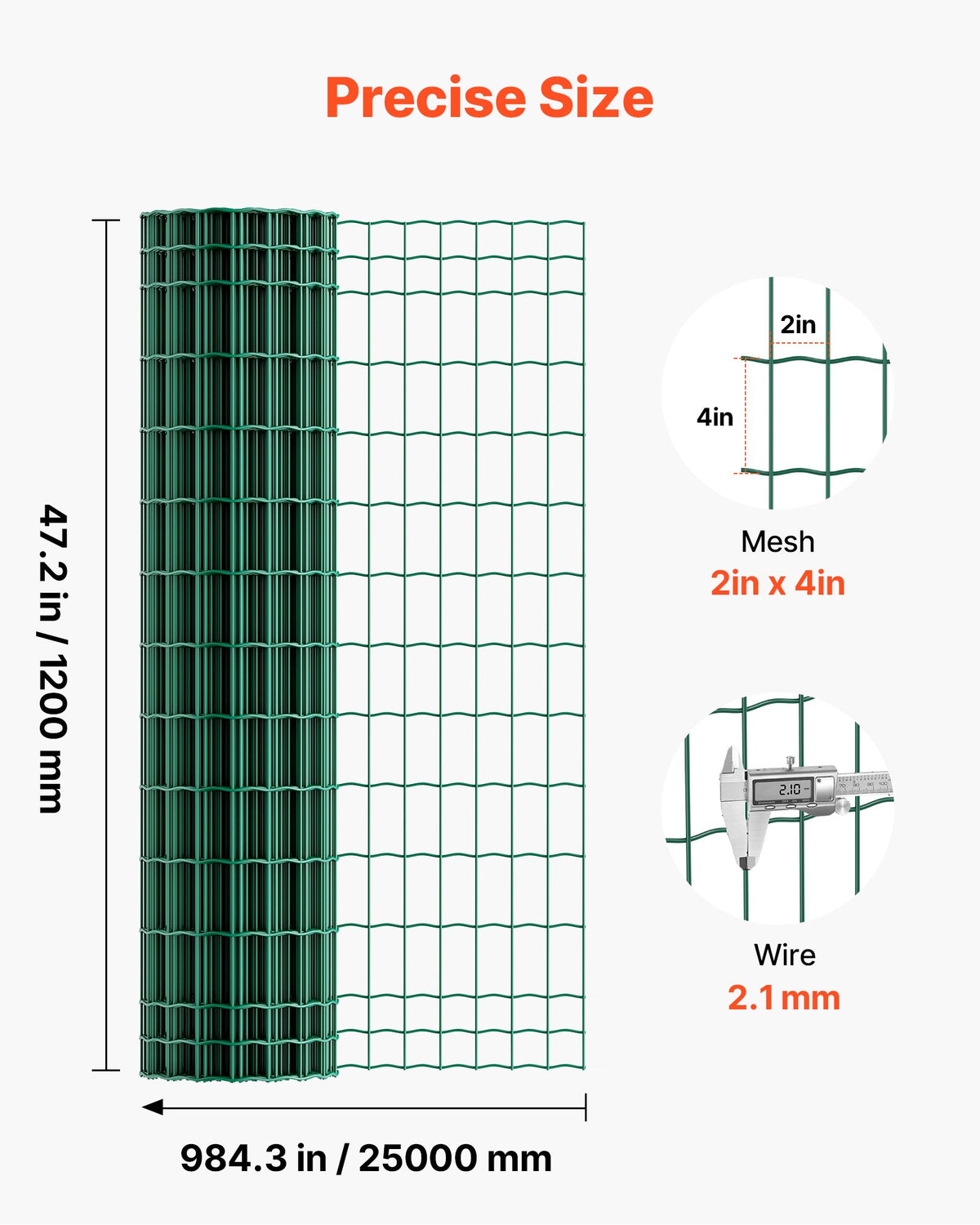 VEVOR Farm Fence, 1.2 x 25 m, 2 x 4 in Mesh 2.1mm Galvanized Steel Wire Fencing for Cattle, Hog & Sheep, Heavy Duty Vinyl Coated Livestock Fence for Animal Enclosures, Cage Wire, Garden Fences, Green