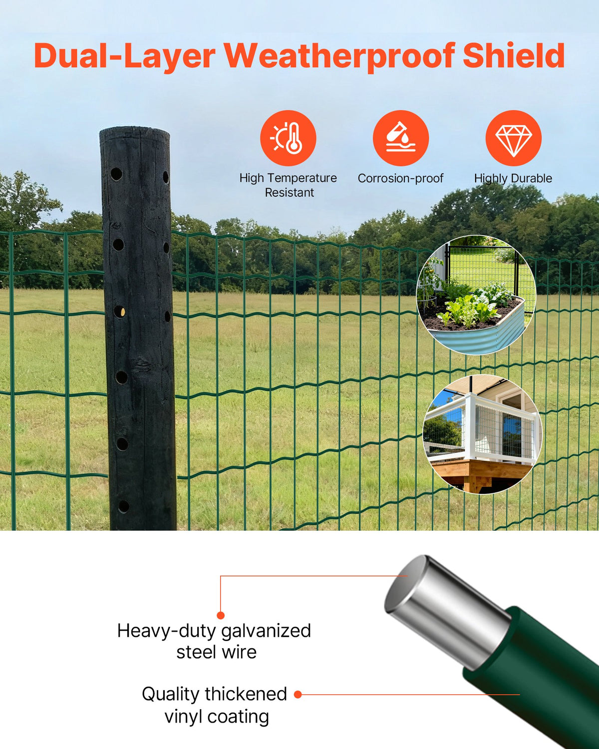 VEVOR Farm Fence, 1.2 x 25 m, 2 x 4 in Mesh 2.1mm Galvanized Steel Wire Fencing for Cattle, Hog & Sheep, Heavy Duty Vinyl Coated Livestock Fence for Animal Enclosures, Cage Wire, Garden Fences, Green