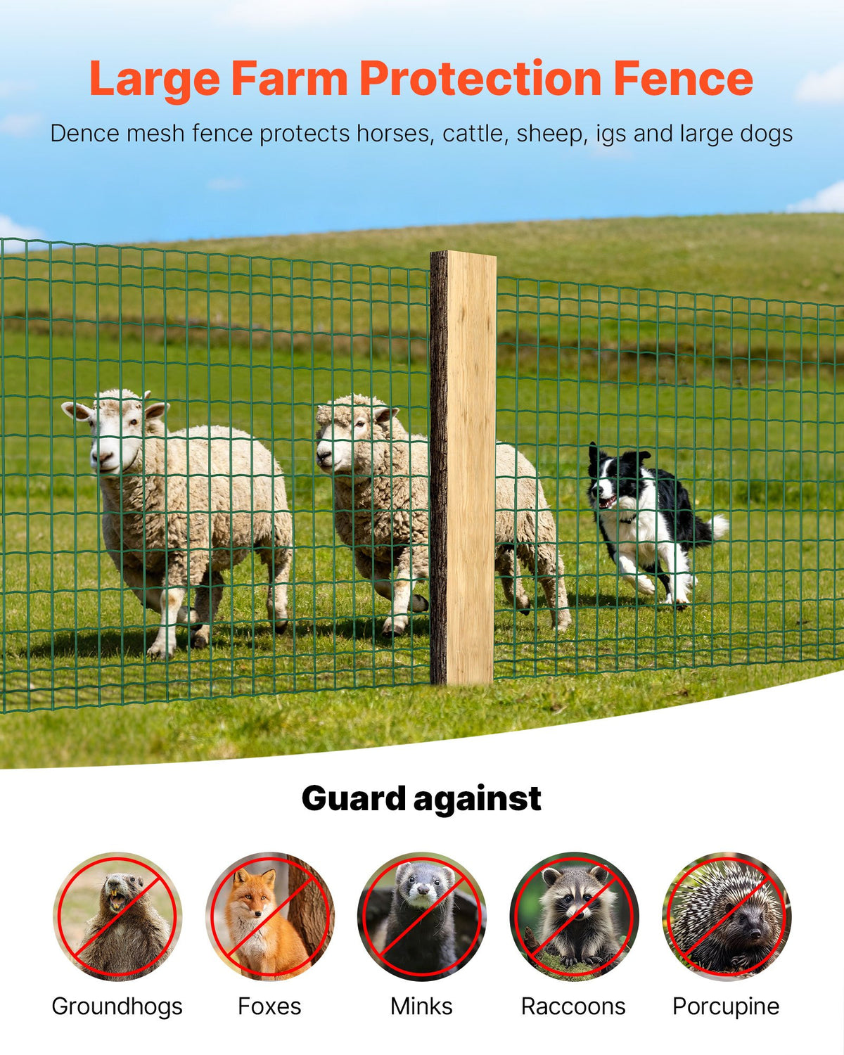 VEVOR Farm Fence, 1 x 25 m, 2 x 4 in Mesh 2.1mm Galvanized Steel Wire Fencing for Cattle, Hog & Sheep, Heavy Duty Vinyl Coated Livestock Fence for Animal Enclosures, Cage Wire, Garden Fences, Green