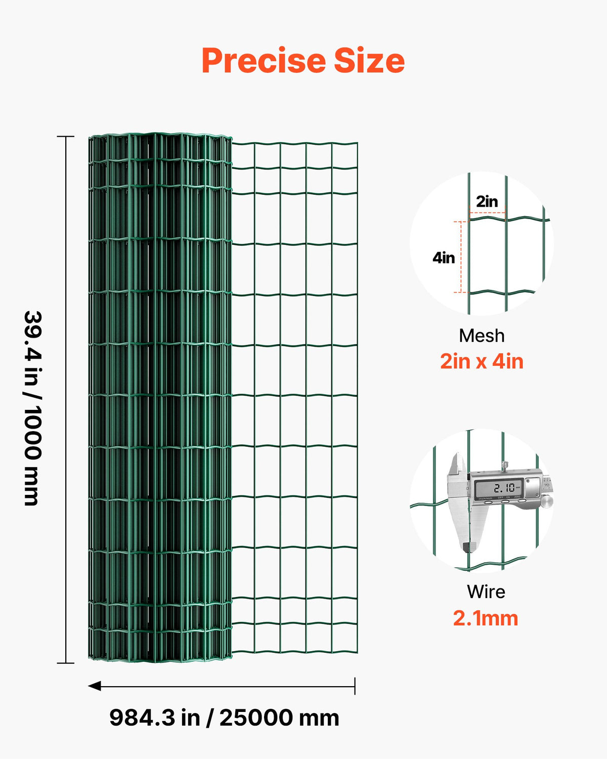 VEVOR Farm Fence, 1 x 25 m, 2 x 4 in Mesh 2.1mm Galvanized Steel Wire Fencing for Cattle, Hog & Sheep, Heavy Duty Vinyl Coated Livestock Fence for Animal Enclosures, Cage Wire, Garden Fences, Green